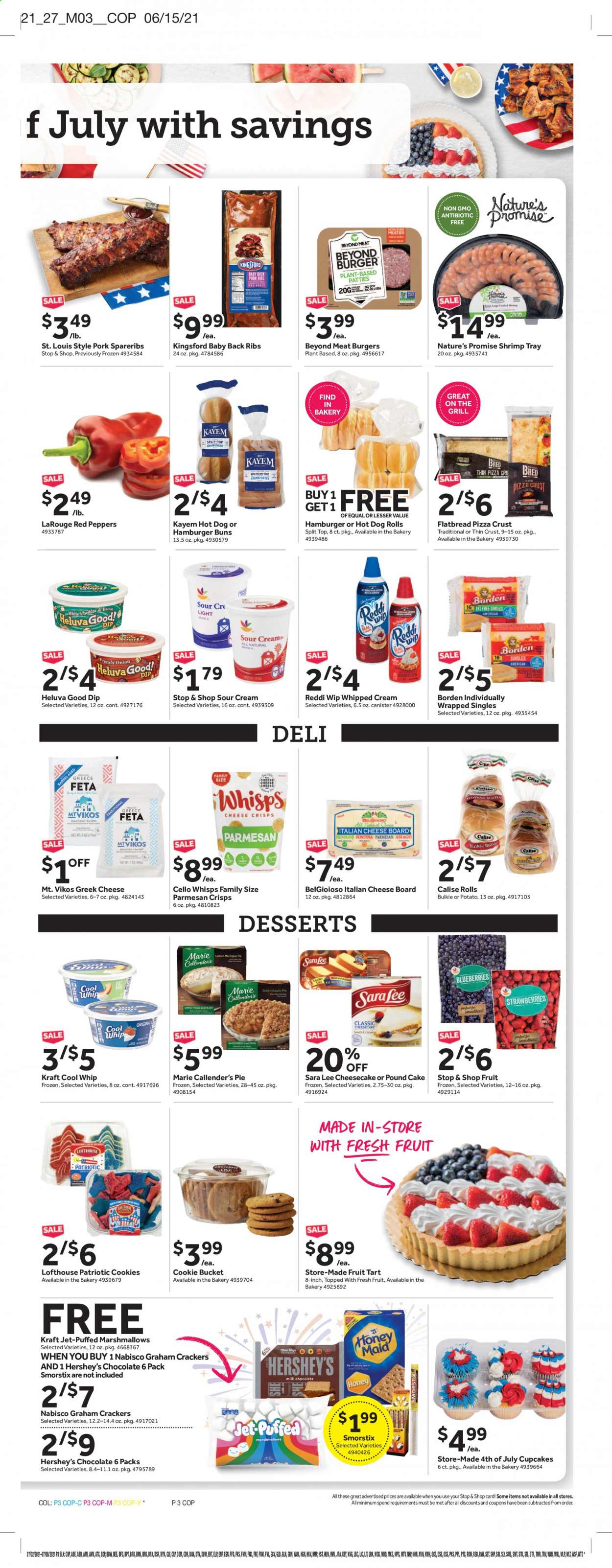 thumbnail - Stop & Shop Flyer - 07/02/2021 - 07/08/2021 - Sales products - hot dog rolls, cake, pie, tart, buns, burger buns, Nature’s Promise, flatbread, Sara Lee, cupcake, cheesecake, pound cake, fruit tart, peppers, red peppers, pork meat, pork ribs, pork spare ribs, pork back ribs, shrimps, pizza, Marie Callender's, Kraft®, ham, parmesan, Cool Whip, sour cream, whipped cream, dip, Hershey's, cookies, graham crackers, marshmallows, chocolate, crackers, Jet, Cello. Page 3.