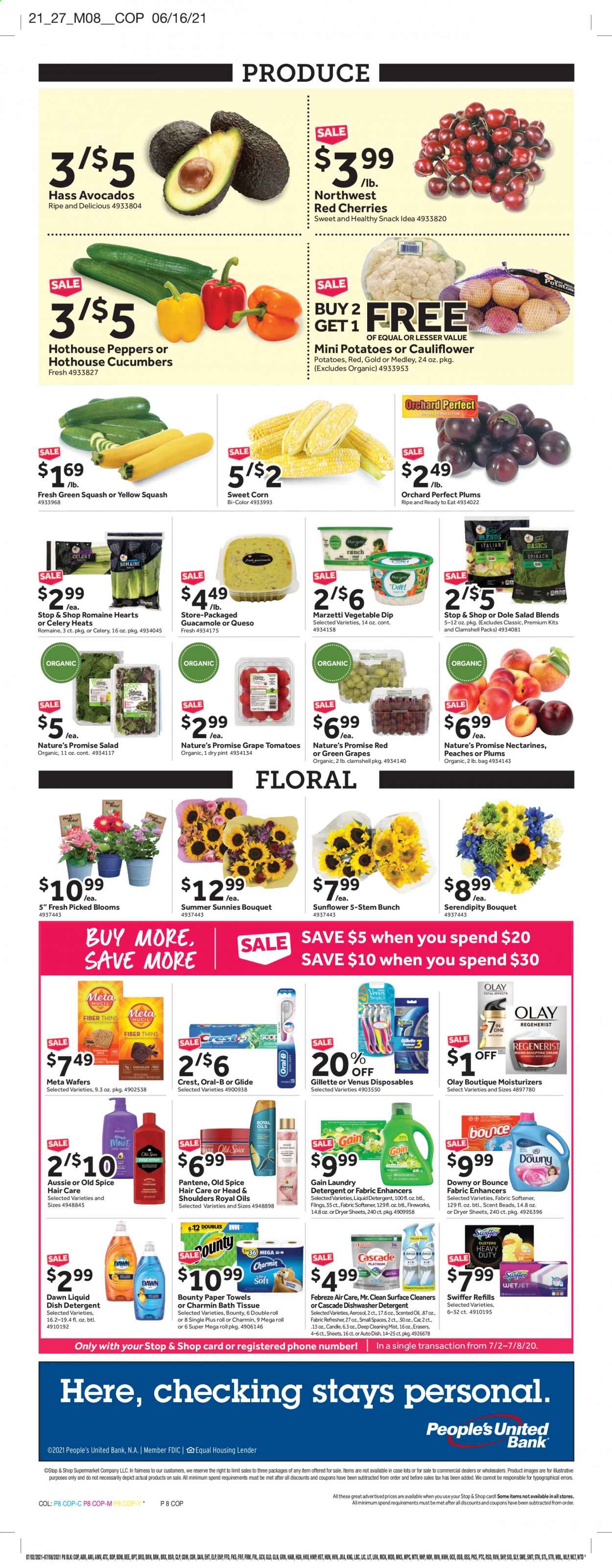 thumbnail - Stop & Shop Flyer - 07/02/2021 - 07/08/2021 - Sales products - plums, Nature’s Promise, corn, cucumber, tomatoes, zucchini, potatoes, salad, Dole, peppers, sweet corn, yellow squash, cherries, ham, guacamole, dip, wafers, Bounty, spice, bath tissue, kitchen towels, paper towels, Charmin, Cascade, Gain, fabric softener, liquid detergent, laundry detergent, Bounce, dryer sheets, Old Spice, Oral-B, Crest, moisturizer, Olay, Aussie, refresher, Head & Shoulders, Pantene, candle, scented oil, nectarines, peaches. Page 8.