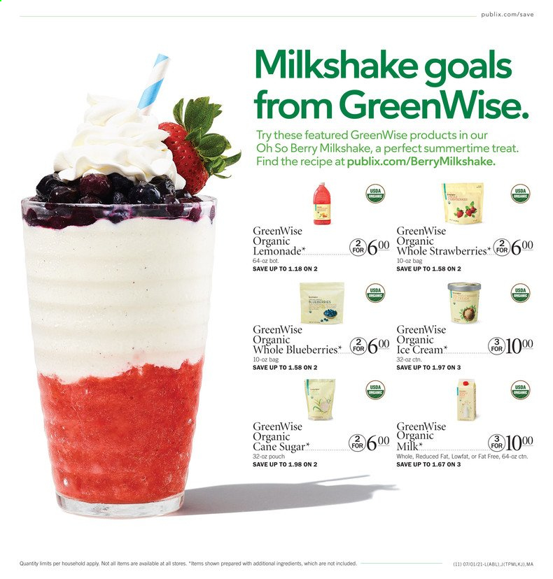 thumbnail - Publix Flyer - 07/01/2021 - 07/07/2021 - Sales products - blueberries, strawberries, milkshake, ice cream, cane sugar, sugar, lemonade. Page 1.