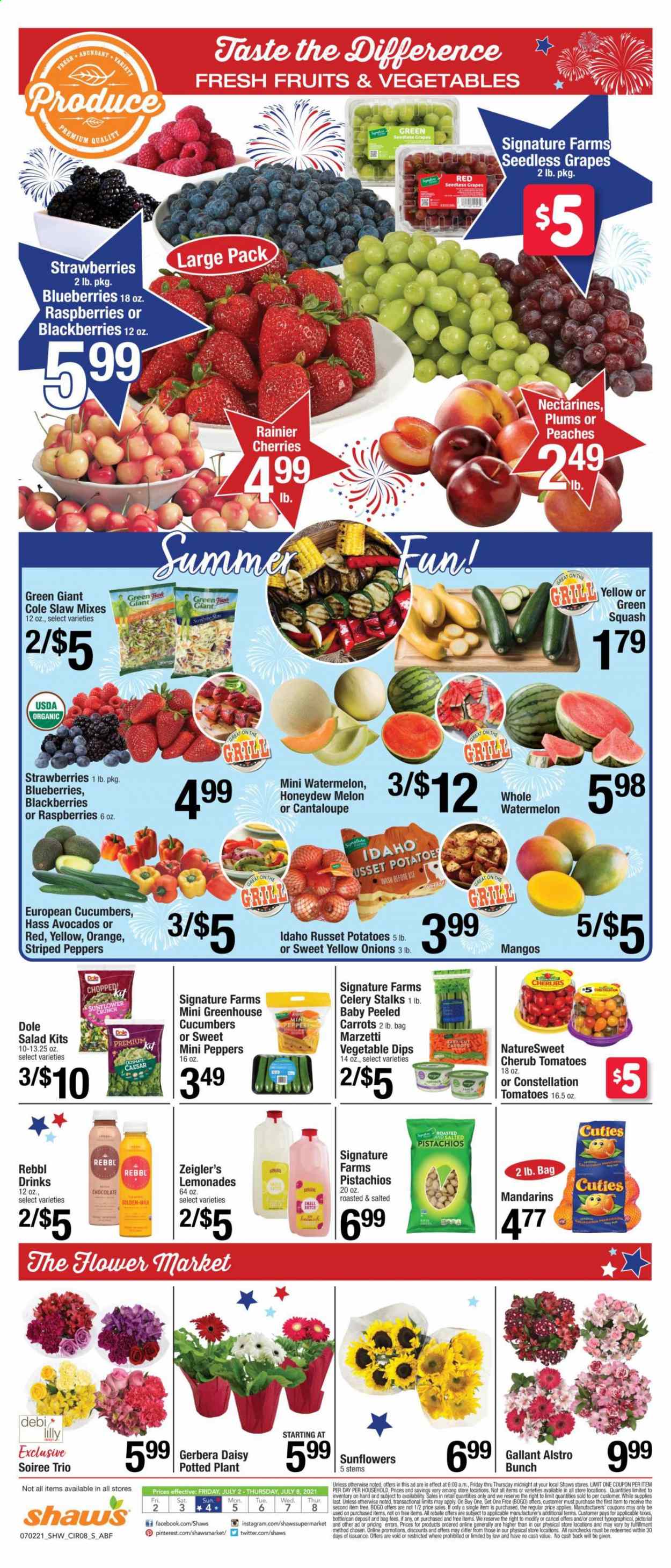 thumbnail - Shaw’s Flyer - 07/02/2021 - 07/08/2021 - Sales products - seedless grapes, plums, carrots, celery, russet potatoes, tomatoes, zucchini, potatoes, onion, salad, Dole, peppers, sleeved celery, avocado, blackberries, blueberries, grapes, mandarines, mango, raspberries, strawberries, watermelon, honeydew, cherries, milk, chocolate, pistachios, sunflower, gerbera, nectarines, melons, peaches. Page 7.