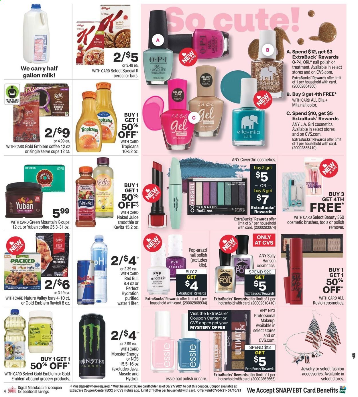 thumbnail - CVS Pharmacy Flyer - 07/04/2021 - 07/10/2021 - Sales products - ravioli, milk, cereals, Nature Valley, juice, Monster, Red Bull, Monster Energy, purified water, KeVita, coffee, coffee capsules, K-Cups, Keurig, Green Mountain, NYX Cosmetics, Revlon, Select Gold, calcium, makeup. Page 7.