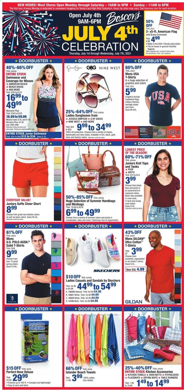 thumbnail - Boscov's Flyer - 07/01/2021 - 07/07/2021 - Sales products - sandals, Skechers, Guess, oven mitt, table runner, placemat, kitchen towels, beach towel, table, U.S. POLO ASSN, t-shirt, tops, handbag, tote, sunglasses, swimming suit. Page 1.
