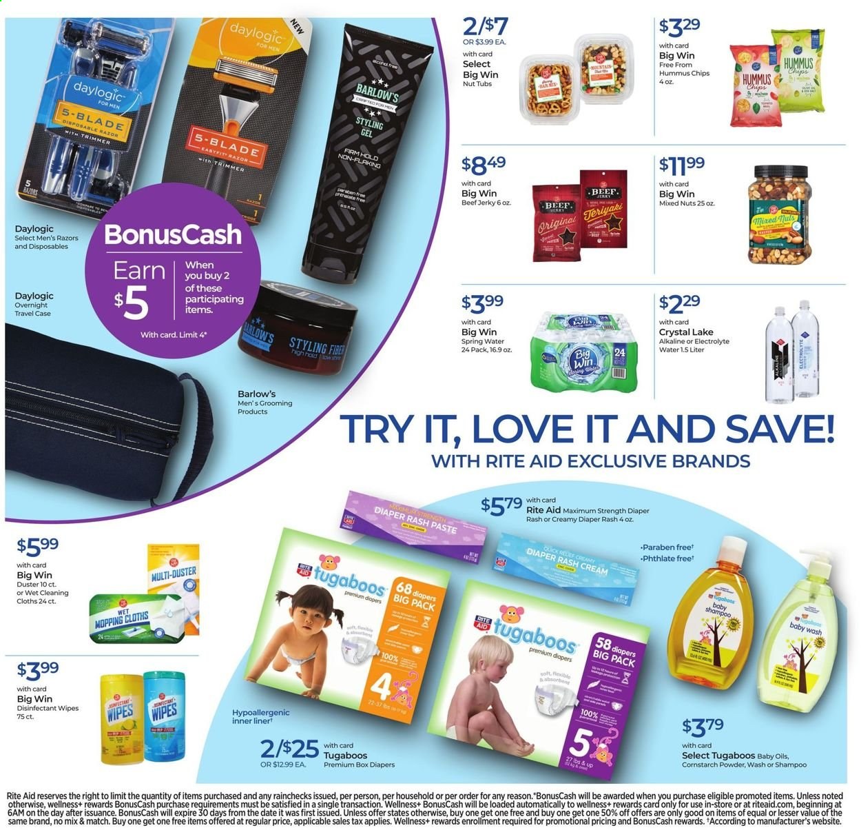 thumbnail - RITE AID Flyer - 07/04/2021 - 07/10/2021 - Sales products - beef jerky, jerky, chips, cornstarch, mixed nuts, spring water, wipes, nappies, Tugaboos, desinfection, shampoo, Daylogic, disposable razor, trimmer. Page 3.