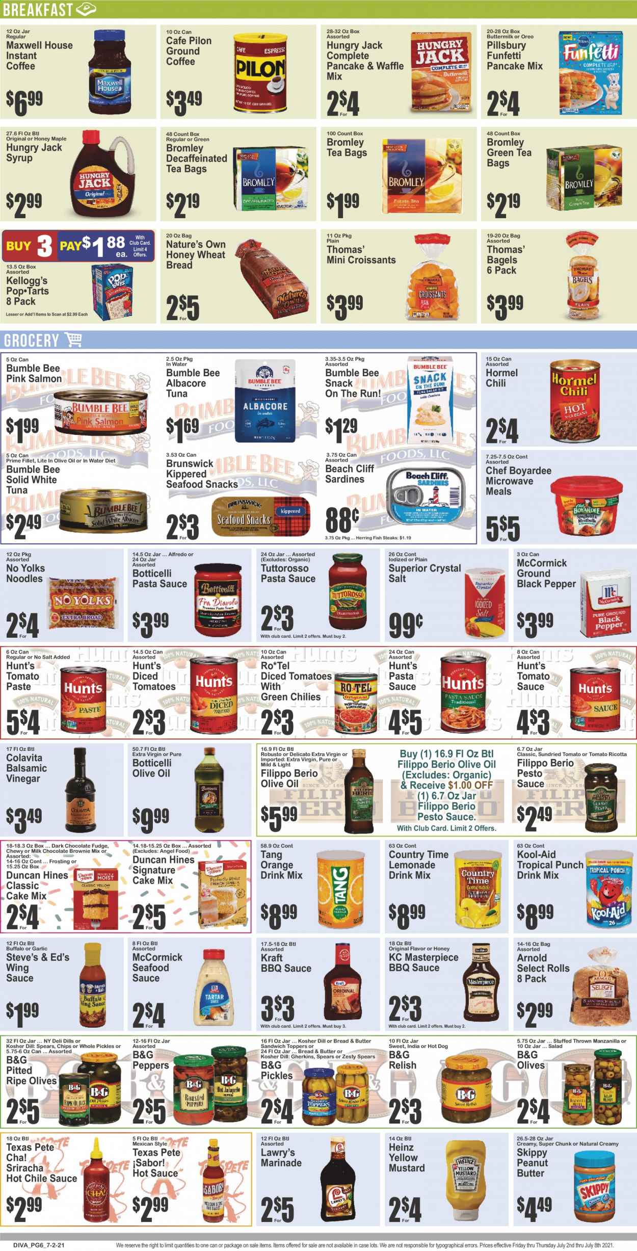 thumbnail - Key Food Flyer - 07/02/2021 - 07/08/2021 - Sales products - bagels, wheat bread, Angel Food, brownie mix, cake mix, garlic, tomatoes, salad, peppers, oranges, salmon, sardines, tuna, herring, seafood, fish, fish steak, hot dog, pasta sauce, Bumble Bee, pancakes, Pillsbury, noodles, Kraft®, Hormel, ricotta, Oreo, buttermilk, fudge, milk chocolate, chocolate, snack, Kellogg's, dark chocolate, chips, frosting, tomato paste, tomato sauce, Heinz, pickles, olives, Chef Boyardee, dill, BBQ sauce, mustard, sriracha, hot sauce, pesto, marinade, wing sauce, balsamic vinegar, extra virgin olive oil, peanut butter, syrup, lemonade, Country Time, fruit punch, green tea, Maxwell House, tea bags, instant coffee, ground coffee, steak, Nature's Own. Page 6.