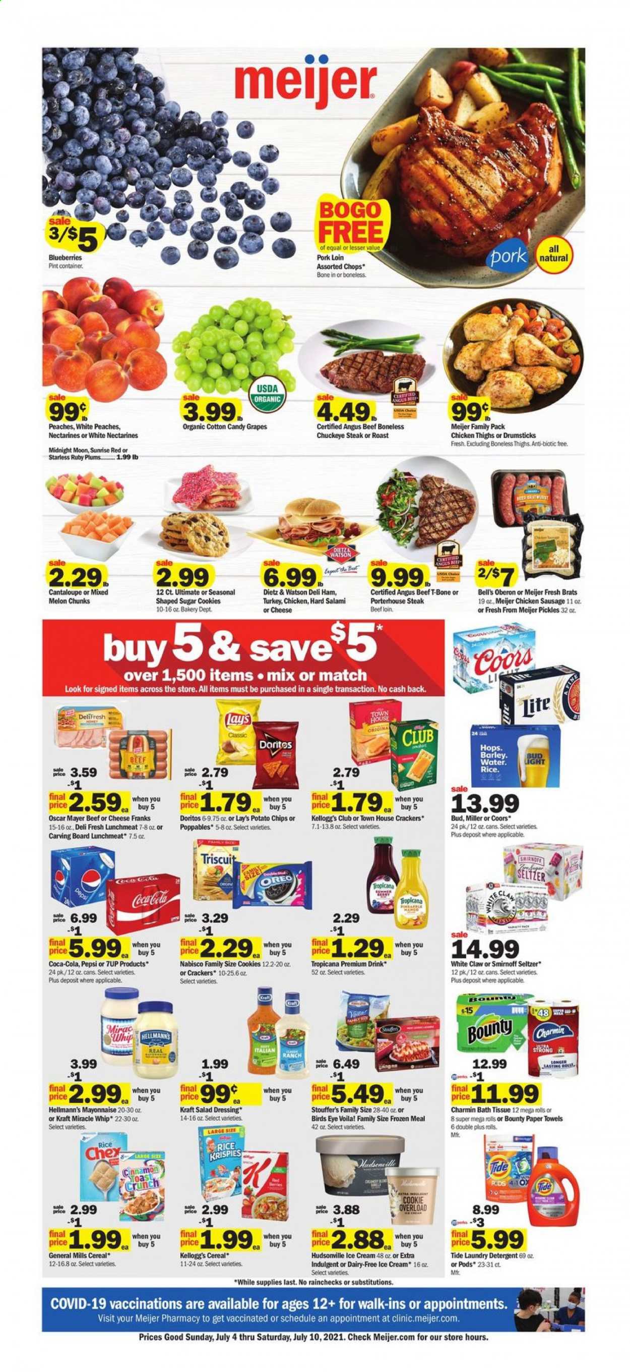 thumbnail - Meijer Flyer - 07/04/2021 - 07/10/2021 - Sales products - plums, cantaloupe, blueberries, grapes, Bird's Eye, Kraft®, salami, ham, Oscar Mayer, Dietz & Watson, sausage, chicken sausage, lunch meat, Oreo, mayonnaise, Miracle Whip, Hellmann’s, ice cream, Stouffer's, cookies, Bounty, cotton candy, crackers, Kellogg's, Doritos, potato chips, Lay’s, pickles, cereals, Rice Krispies, cinnamon, salad dressing, dressing, Coca-Cola, Pepsi, 7UP, Smirnoff, White Claw, Hard Seltzer, beer, Coors, Bud Light, Miller, chicken thighs, beef meat, t-bone steak, steak, chuck steak, pork loin, pork meat, bath tissue, kitchen towels, paper towels, Charmin, detergent, Tide, laundry detergent, nectarines, melons, peaches. Page 1.