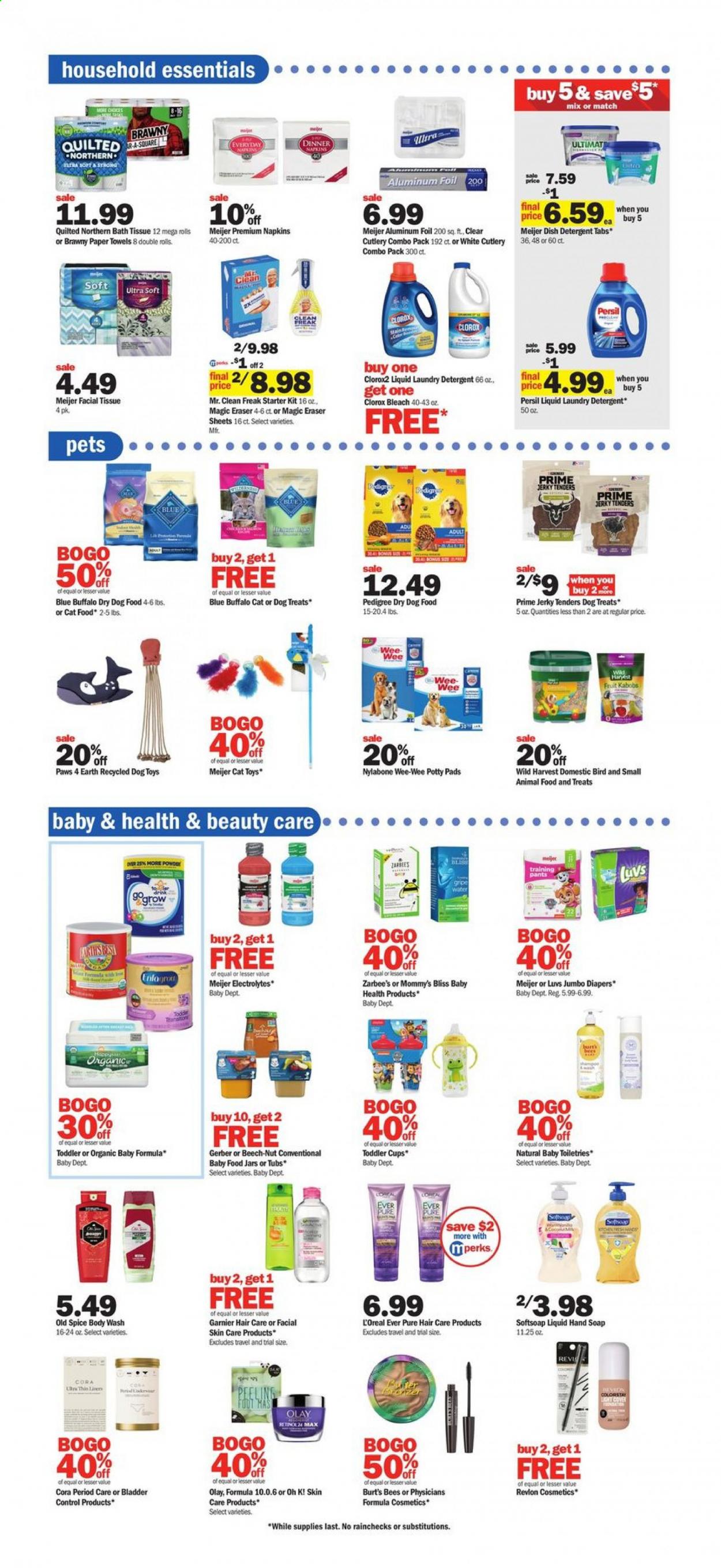 thumbnail - Meijer Flyer - 07/04/2021 - 07/10/2021 - Sales products - Wild Harvest, jerky, Gerber, spice, pants, napkins, nappies, baby pants, bath tissue, Quilted Northern, kitchen towels, paper towels, detergent, bleach, Clorox, Persil, laundry detergent, body wash, Softsoap, hand soap, Old Spice, soap, Garnier, L’Oréal, Olay, Revlon, cup, aluminium foil, jar, eraser, linens, cat toy, dog toy, Nylabone, Wee-Wee, Paws, animal food, Blue Buffalo, cat food, dog food, Pedigree, dry dog food. Page 16.