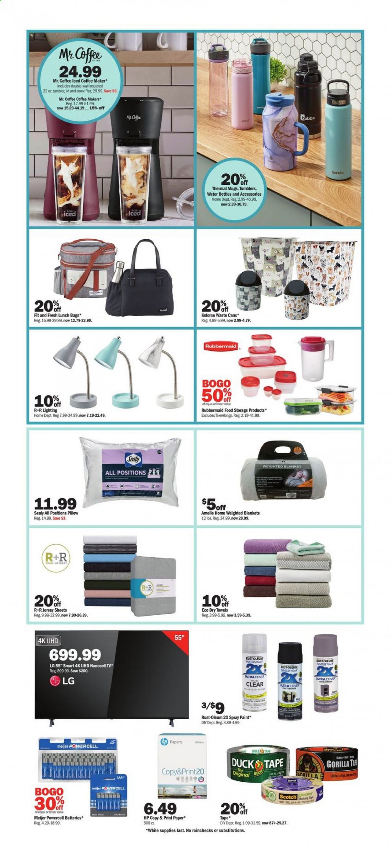 thumbnail - Meijer Flyer - 07/04/2021 - 07/10/2021 - Sales products - iced coffee, lid, tumbler, straw, drink bottle, paper, blanket, pillow, towel, LG, TV, NanoCell TV, Hewlett Packard, coffee machine, weighted blanket, jersey, bag, spray paint. Page 21.