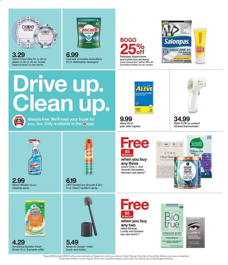 thumbnail - Target Flyer - 07/04/2021 - 07/10/2021 - Sales products - Boost, detergent, Windex, Scrubbing Bubbles, Cascade, tampons, repellent, Target, thermometer, holder, toilet brush, plate, Dixie, pain relief, Aleve, Systane, Aspercreme, Lumify, Biotrue. Page 4.
