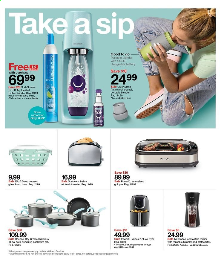 thumbnail - Target Flyer - 07/04/2021 - 07/10/2021 - Sales products - iced coffee, basket, canister, cookware set, tumbler, SodaStream, cup, drink bottle, Sunbeam, coffee machine, blender, air fryer, toaster. Page 11.