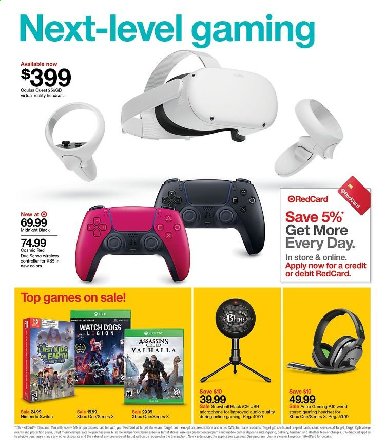 thumbnail - Target Flyer - 07/04/2021 - 07/10/2021 - Sales products - Astro Gaming, wireless controller, gaming headset, Nintendo Switch, Target, Xbox One, PlayStation, Xbox, PlayStation 5, lens, microphone, headset, watch. Page 21.