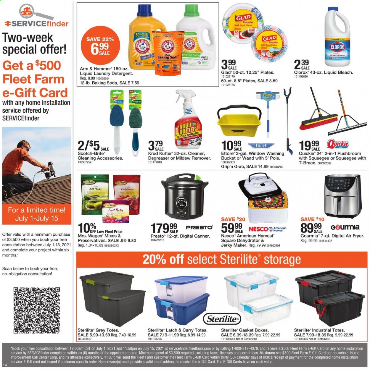 thumbnail - Fleet Farm Flyer - 07/02/2021 - 07/10/2021 - Sales products - ARM & HAMMER, pasta sauce, sauce, dill, detergent, cleaner, bleach, all purpose cleaner, Clorox, laundry detergent, Brite, plate, calendar, tote, degreaser, brace. Page 14.