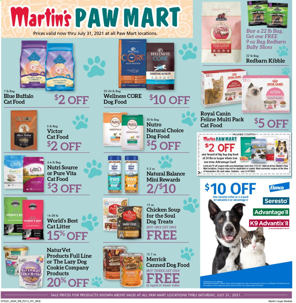 thumbnail - Martin’s Flyer - 07/04/2021 - 07/31/2021 - Sales products - cake, pie, pot pie, soup, Illy, cat litter, animal food, Blue Buffalo, cat food, dog food, Royal Canin, Merrick, Natural Balance, Victor, Chicken Soup for the Soul. Page 1.