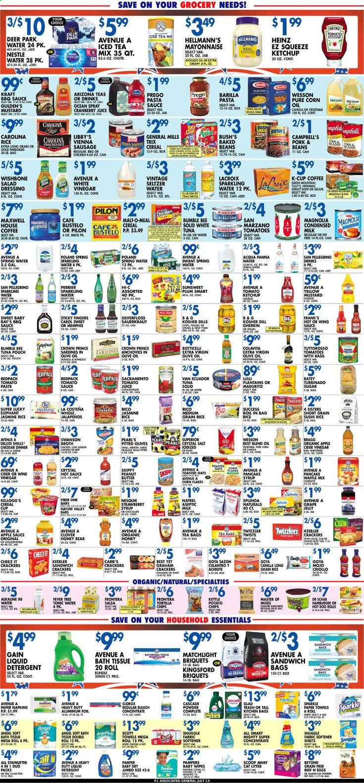 thumbnail - Associated Supermarkets Flyer - 07/02/2021 - 07/08/2021 - Sales products - tomatoes, avocado, salmon, sardines, tuna, Campbell's, hot dog, pasta sauce, hamburger, Bumble Bee, sauce, Barilla, Kraft®, sausage, vienna sausage, Nesquik, milk, condensed milk, eggs, mayonnaise, Hellmann’s, graham crackers, Nestlé, jelly, crackers, Kellogg's, Keebler, tortilla chips, potato chips, chips, sugar, broth, malt, anchovies, sauerkraut, tomato paste, tomato sauce, Heinz, olives, baked beans, Goya, cereals, corn flakes, Trix, Nature Valley, Fiber One, toasted oats, rice, jasmine rice, parboiled rice, long grain rice, medium grain rice, esponja, dill, BBQ sauce, mustard, salad dressing, hot sauce, ketchup, dressing, salsa, wing sauce, apple cider vinegar, corn oil, extra virgin olive oil, wine vinegar, apple sauce, honey, peanut butter, pancake syrup, syrup, cranberry juice, juice, Hi-c, tonic, AriZona, Perrier, seltzer water, spring water, sparkling water, San Pellegrino, Maxwell House, tea bags, coffee, coffee capsules, K-Cups, Green Mountain, cider, wipes, Pampers, baby wipes, napkins, bath tissue, Scott, kitchen towels, paper towels, detergent, Gain, bleach, Clorox, Cascade, Snuggle, fabric softener, liquid detergent, Pamper, plantains. Page 2.