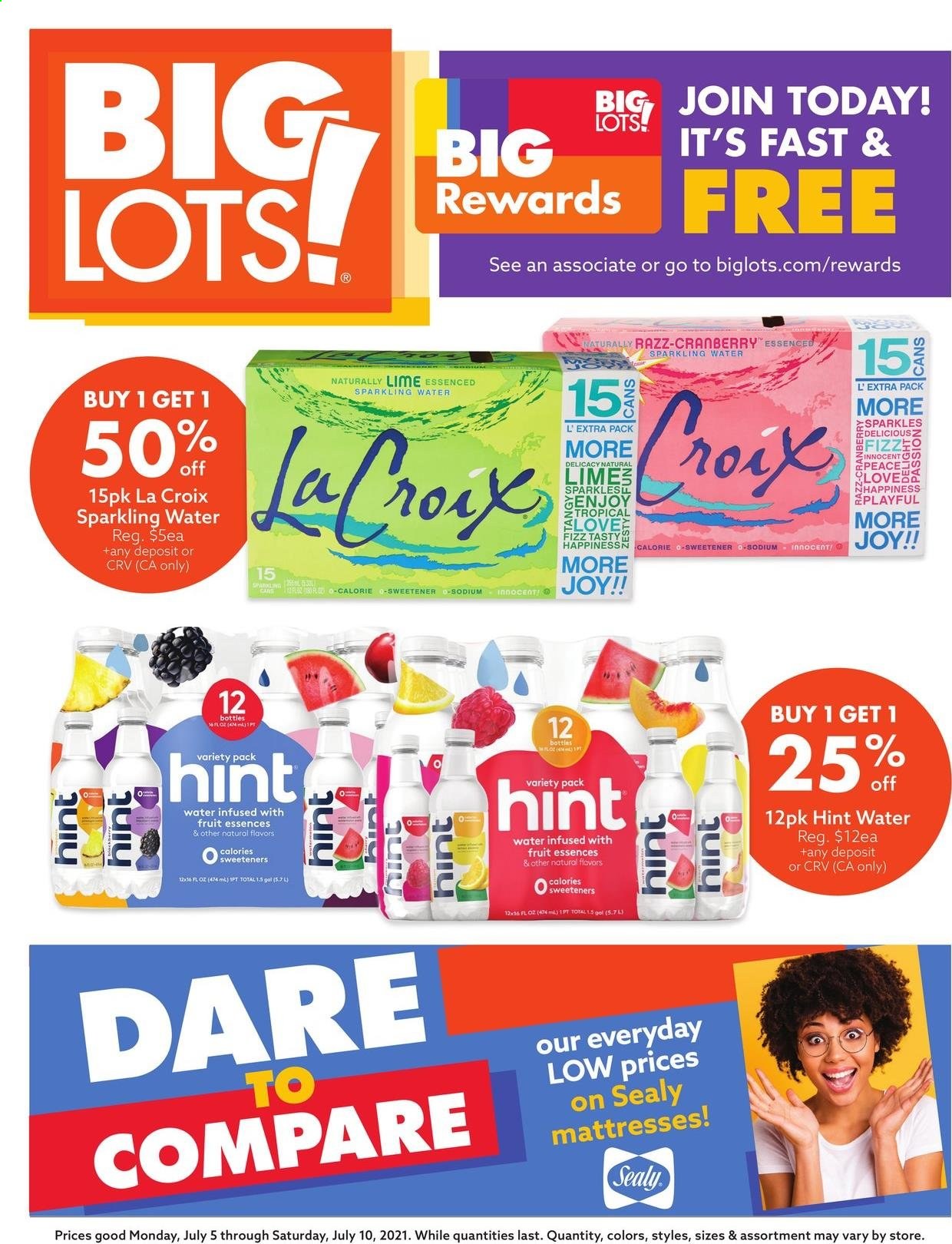 thumbnail - Big Lots Flyer - 07/05/2021 - 07/10/2021 - Sales products - mattress, sweetener, sparkling water, Joy. Page 1.