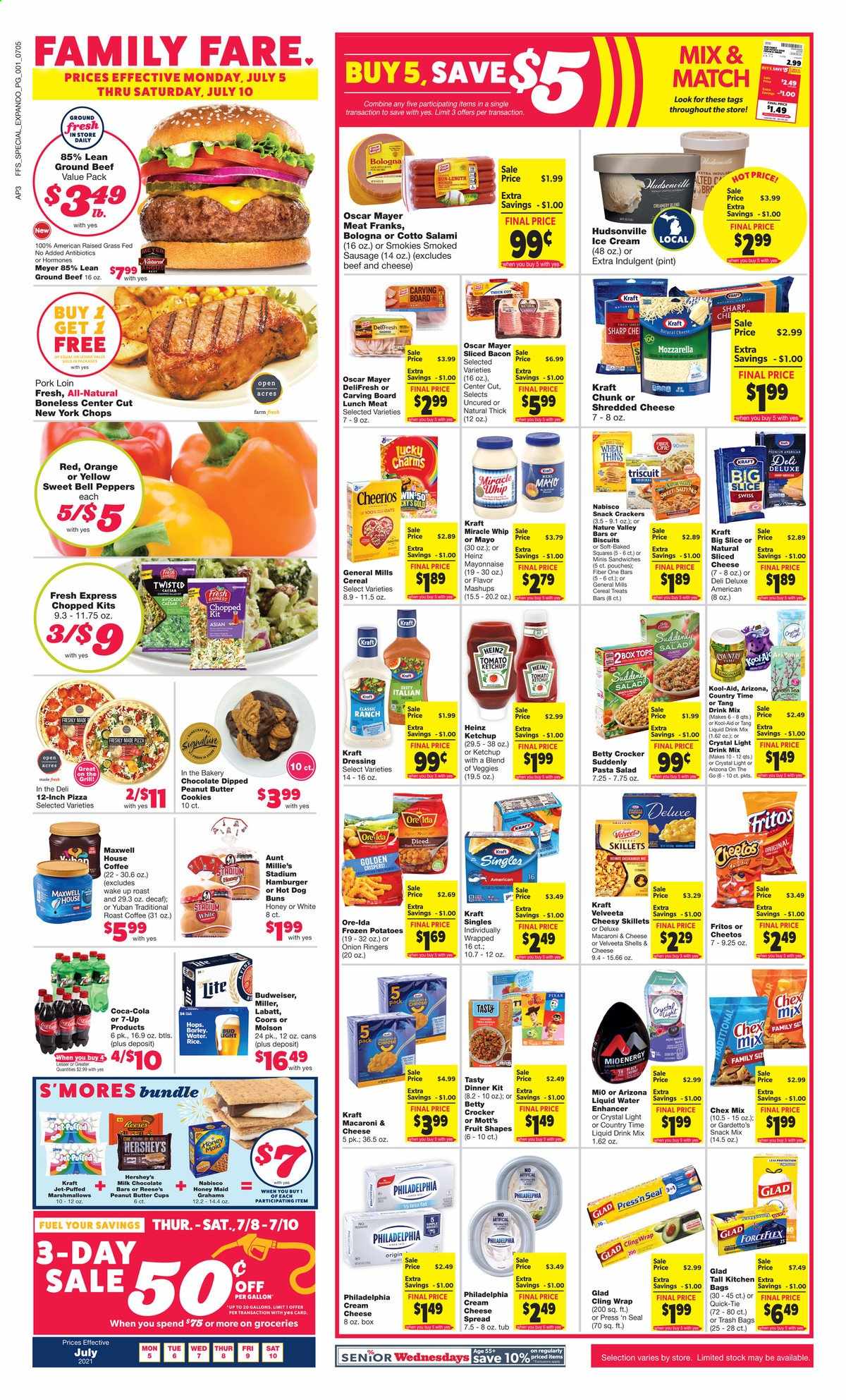 thumbnail - Family Fare Flyer - 07/05/2021 - 07/10/2021 - Sales products - Budweiser, Coors, buns, bell peppers, potatoes, onion, salad, peppers, oranges, Mott's, macaroni & cheese, hot dog, sandwich, hamburger, pasta, dinner kit, Kraft®, bacon, salami, Oscar Mayer, sausage, smoked sausage, cheese spread, pasta salad, lunch meat, cream cheese, shredded cheese, Philadelphia, mayonnaise, Miracle Whip, ice cream, Reese's, Hershey's, Ore-Ida, cookies, marshmallows, milk chocolate, snack, crackers, biscuit, peanut butter cups, Fritos, Cheetos, Thins, Chex Mix, Heinz, cereals, Cheerios, Honey Maid, Fiber One, rice, ketchup, dressing, Coca-Cola, 7UP, AriZona, coffee, beer, Miller, beef meat, ground beef, pork loin, pork meat, Jet, trash bags, gallon, Sharp. Page 1.