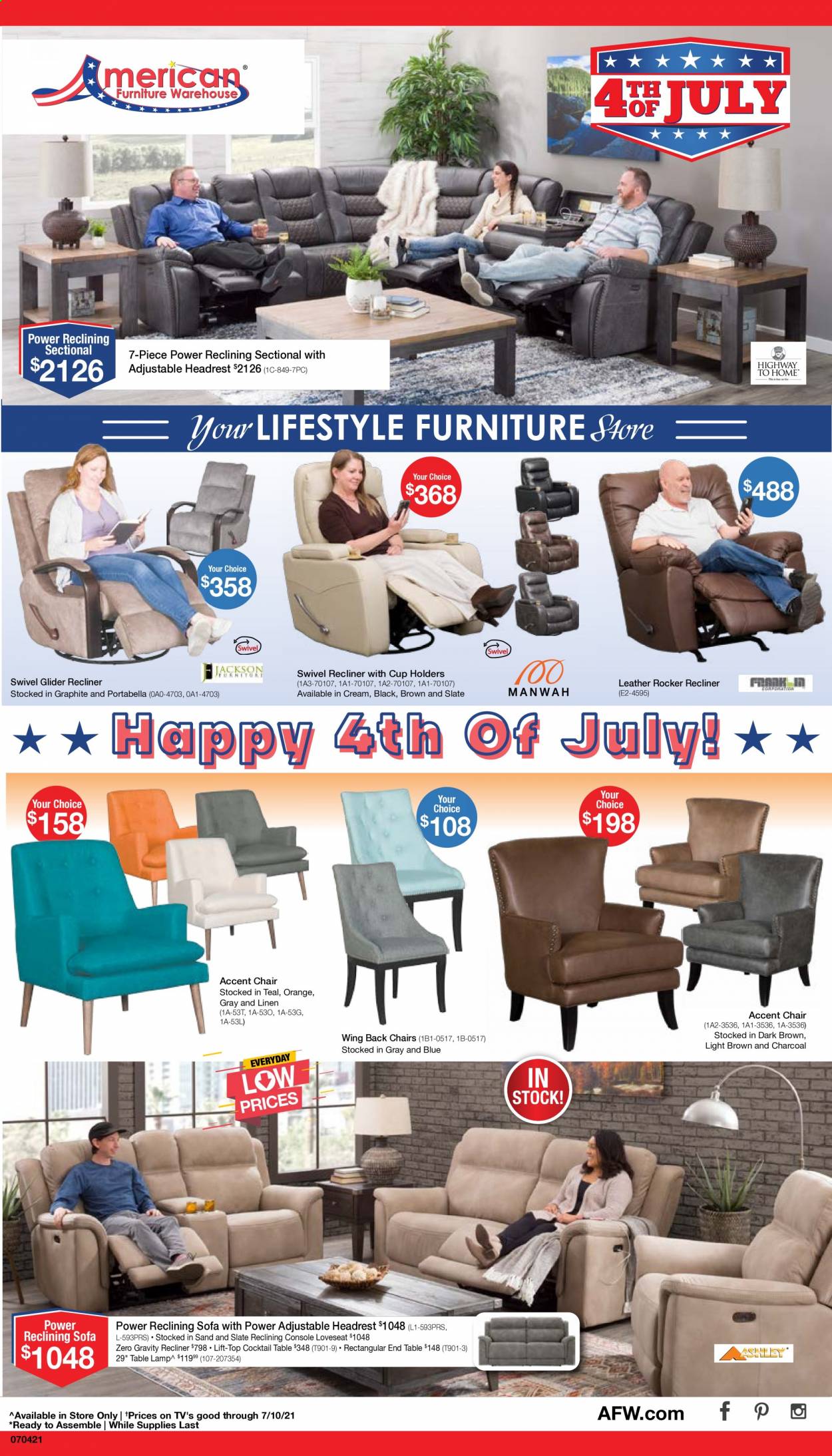 thumbnail - American Furniture Warehouse Flyer - 07/04/2021 - 07/10/2021 - Sales products - chair, accent chair, loveseat, sofa, recliner chair, end table, linens, charcoal. Page 1.