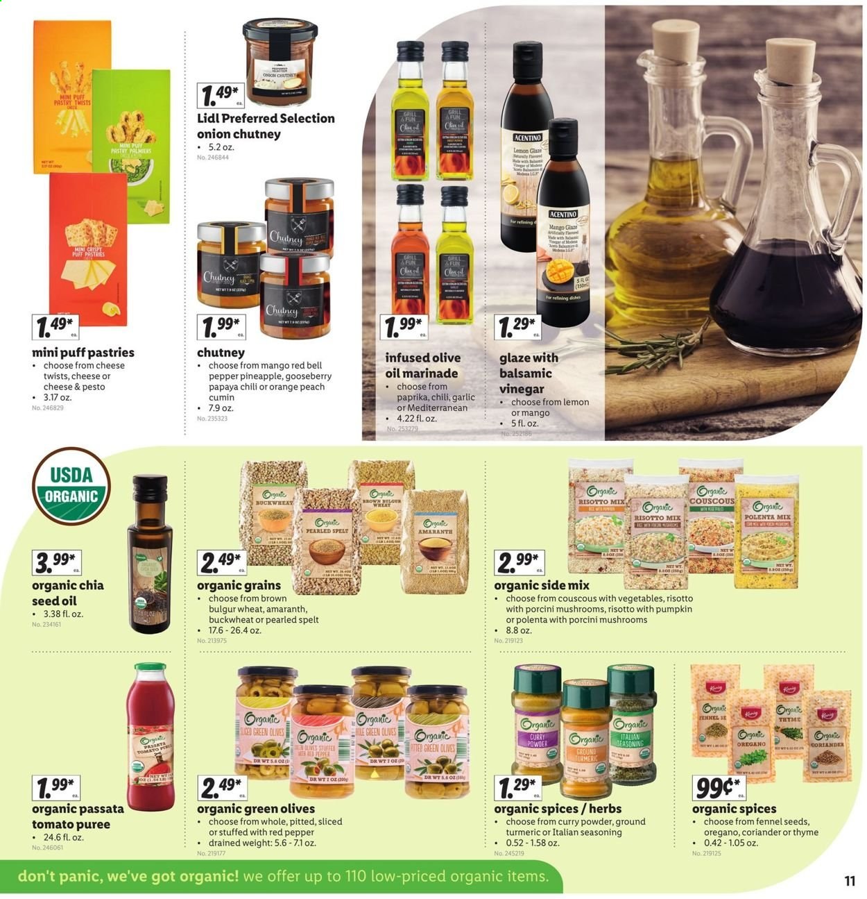 thumbnail - Lidl Flyer - 07/07/2021 - 07/13/2021 - Sales products - porcini, mushrooms, bell peppers, garlic, pumpkin, onion, pineapple, papaya, oranges, risotto, puff pastry, tomato sauce, olives, tomato puree, polenta, buckwheat, couscous, fennel, turmeric, spice, herbs, curry powder, cumin, coriander, pesto, marinade, chutney, vinegar, oil, grill, plant seeds. Page 11.