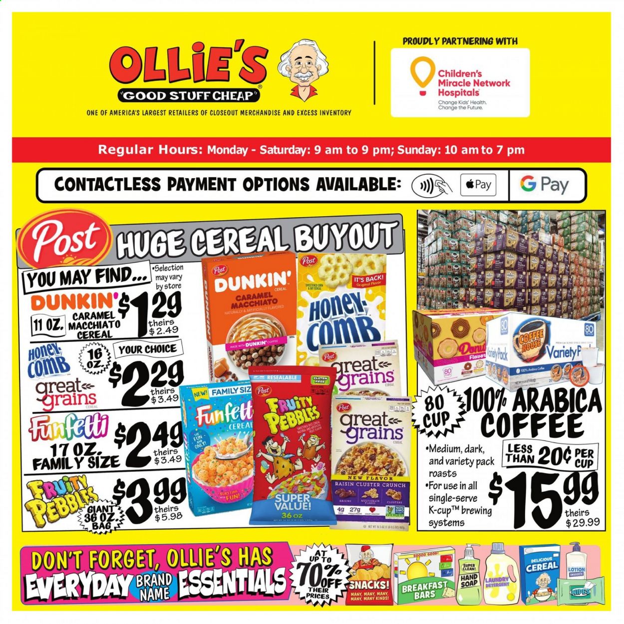 thumbnail - Ollie's Bargain Outlet Flyer - 07/04/2021 - 07/07/2021 - Sales products - coffee, hand soap, soap, cup, bag. Page 1.