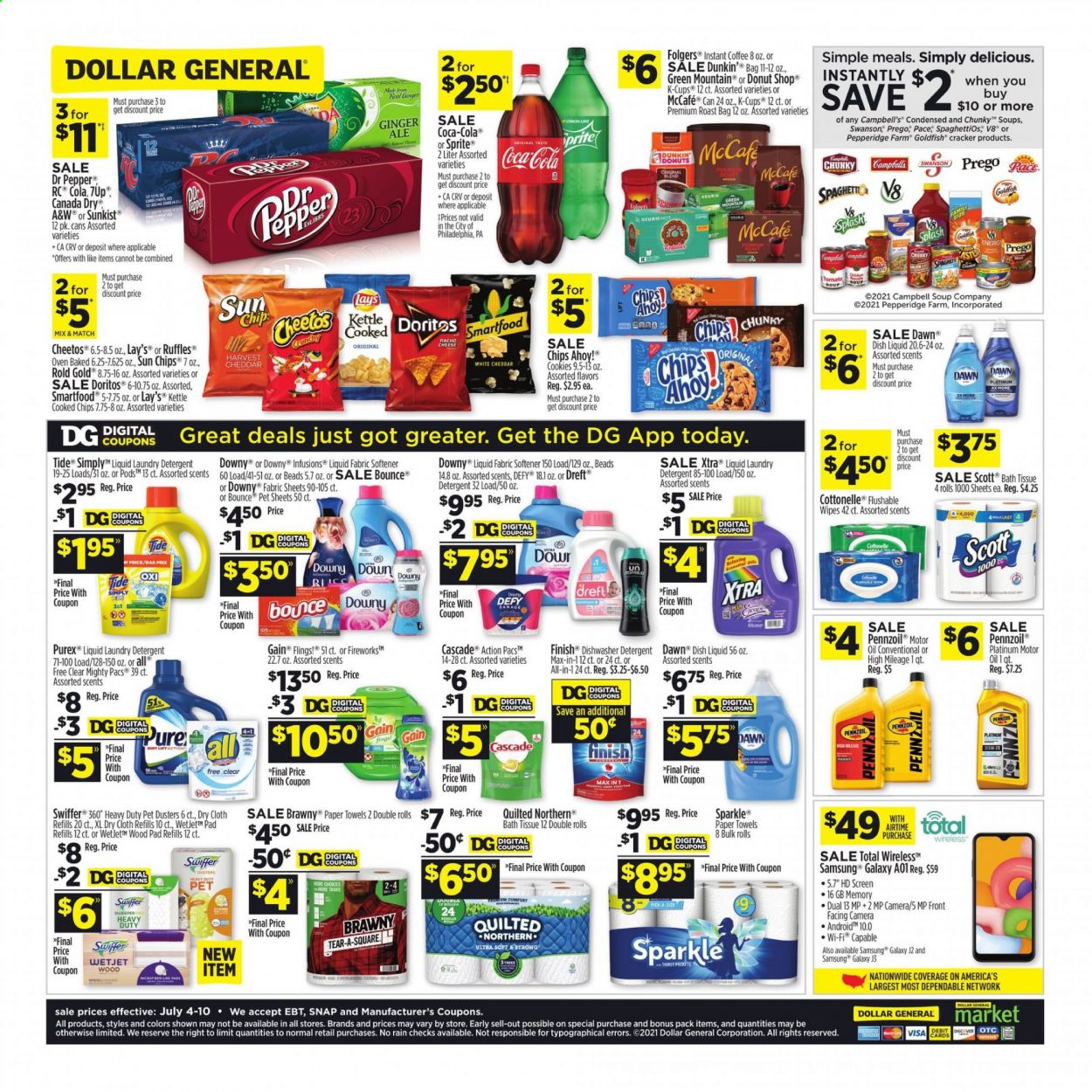 thumbnail - Dollar General Flyer - 07/04/2021 - 07/10/2021 - Sales products - Scott, Samsung Galaxy, Campbell's, cookies, crackers, Chips Ahoy!, Doritos, Cheetos, chips, Lay’s, Smartfood, Goldfish, Ruffles, oil, Canada Dry, ginger ale, Sprite, Dr. Pepper, 7UP, A&W, instant coffee, Folgers, coffee capsules, McCafe, K-Cups, Green Mountain, wipes, bath tissue, Cottonelle, Quilted Northern, kitchen towels, paper towels, detergent, Gain, Swiffer, Cascade, Tide, fabric softener, laundry detergent, Bounce, XTRA, Purex, Downy Laundry, dishwashing liquid, WetJet, Samsung, Samsung Galaxy A01, kettle, bag, motor oil, Pennzoil. Page 2.