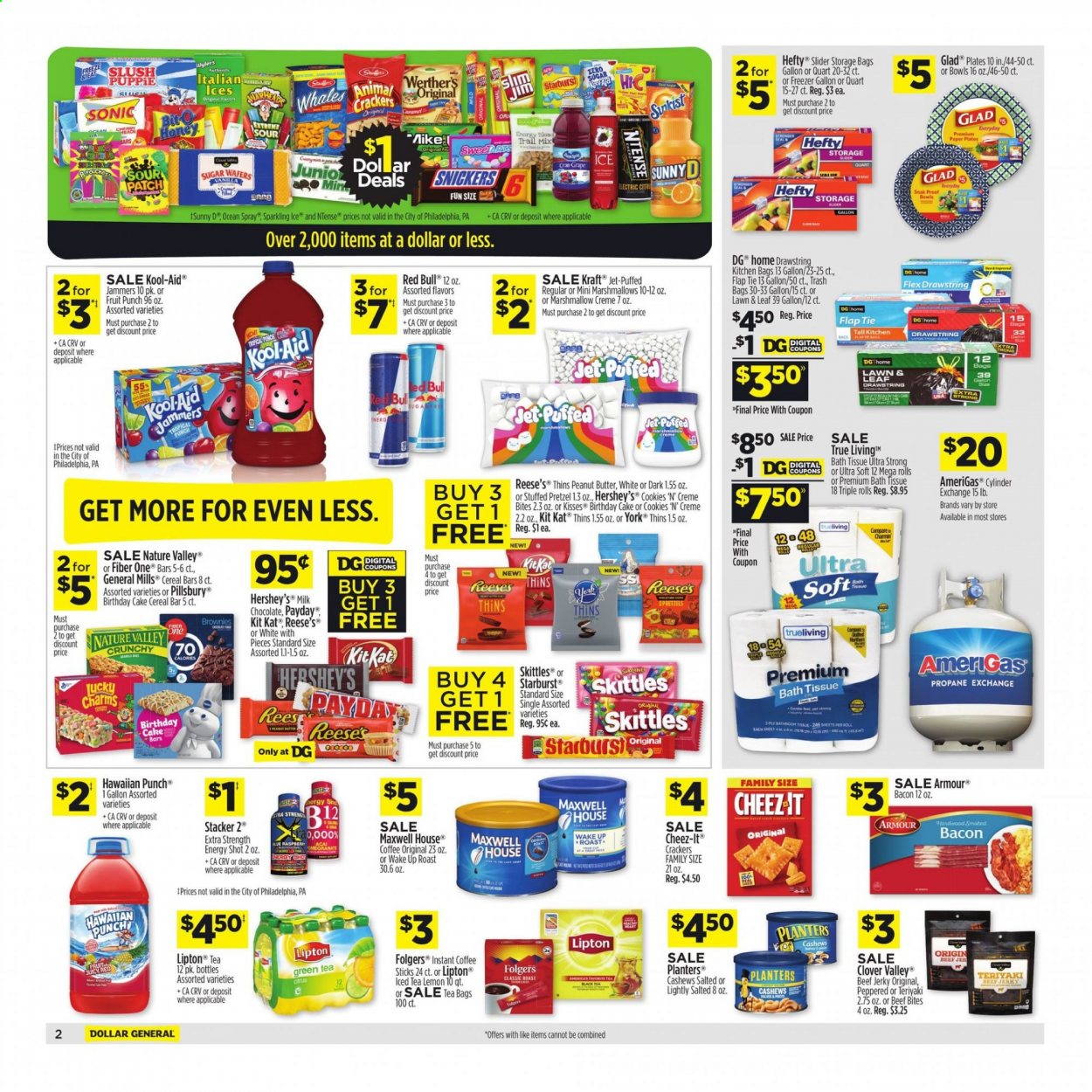 thumbnail - Dollar General Flyer - 07/04/2021 - 07/10/2021 - Sales products - pretzels, cake, Pillsbury, Kraft®, bacon, beef jerky, jerky, Clover, Reese's, Hershey's, cookies, milk chocolate, wafers, chocolate, Snickers, KitKat, cereal bar, crackers, Skittles, Starburst, Sour Patch, Thins, Cheez-It, cereals, Nature Valley, Fiber One, peanut butter, cashews, Planters, Lipton, Red Bull, fruit punch, green tea, Maxwell House, tea bags, instant coffee, Folgers, bath tissue, Jet, Hefty, trash bags, storage bag, plate, freezer, AmeriGas, car battery. Page 3.