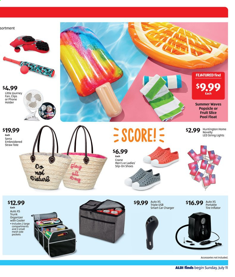 thumbnail - ALDI Flyer - 07/11/2021 - 07/17/2021 - Sales products - shoes, slip-on shoes, straw, mobile phone holder, tote, inflator, string lights, pool. Page 3.