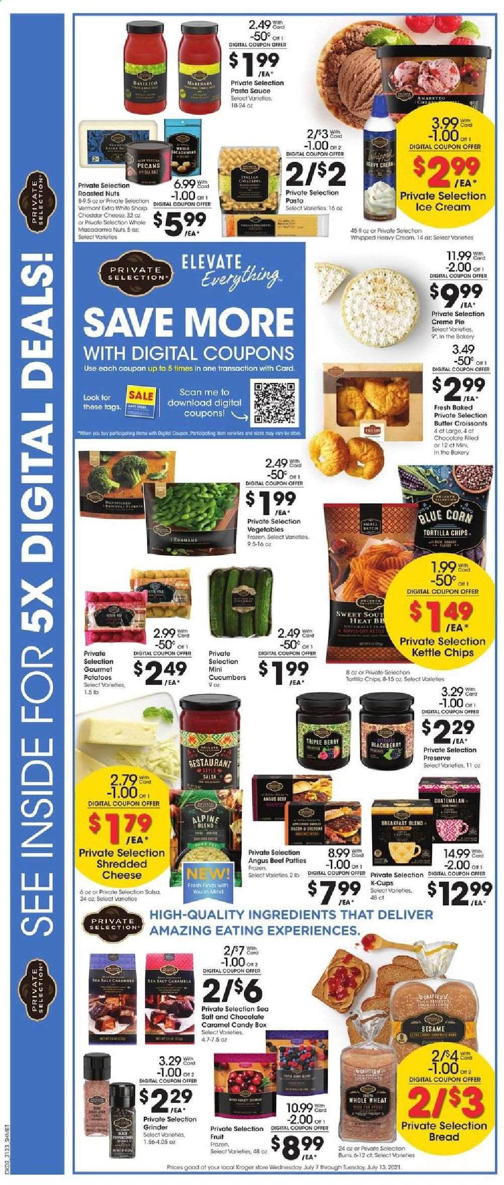 thumbnail - Kroger Flyer - 07/07/2021 - 07/13/2021 - Sales products - buns, corn, potatoes, pasta sauce, shredded cheese, ice cream, tortilla chips, caramel, salsa, macadamia nuts, pecans, coffee capsules, K-Cups, breakfast blend, beef meat, pan, kettle, grinder. Page 4.