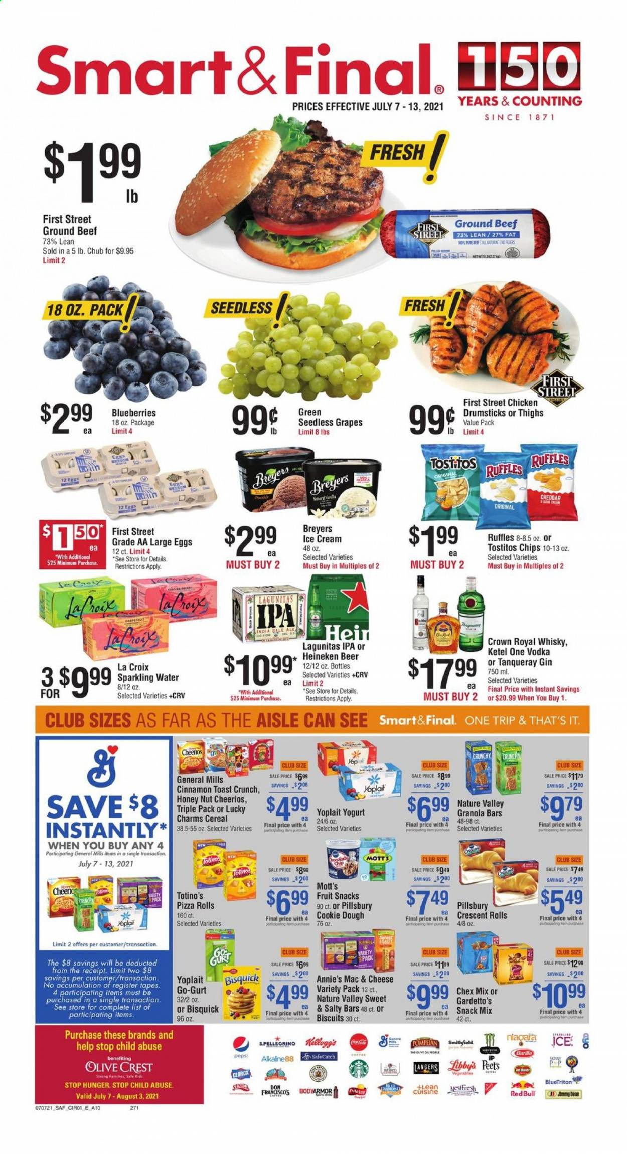 thumbnail - Smart & Final Flyer - 07/07/2021 - 07/13/2021 - Sales products - seedless grapes, pizza rolls, crescent rolls, blueberries, grapes, Mott's, pizza, Pillsbury, Barilla, Lean Cuisine, Annie's, Jimmy Dean, yoghurt, Yoplait, large eggs, ice cream, cookie dough, Kellogg's, biscuit, fruit snack, chips, Frito-Lay, Ruffles, Tostitos, Chex Mix, Bisquick, cereals, Cheerios, granola bar, Nature Valley, cinnamon, Coca-Cola, Pepsi, sparkling water, San Pellegrino, coffee, gin, vodka, whisky, beer, Heineken, IPA, chicken drumsticks, beef meat, ground beef. Page 1.