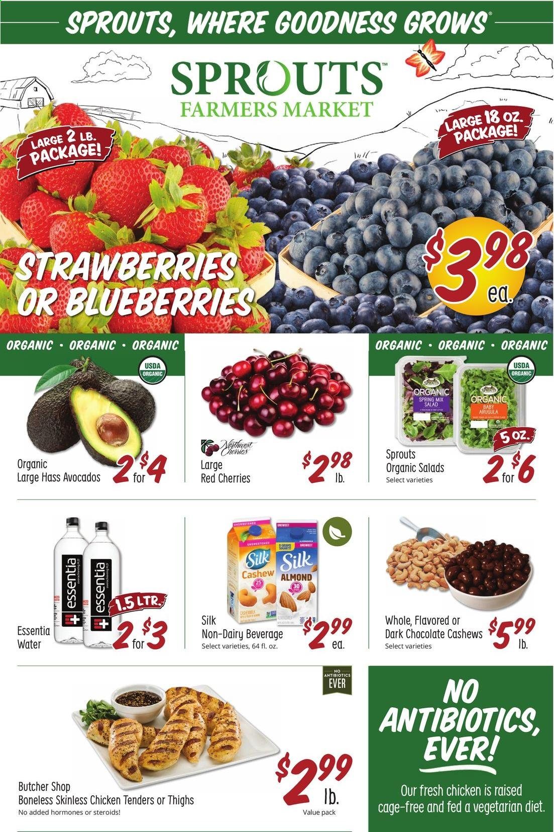 thumbnail - Sprouts Flyer - 07/07/2021 - 07/13/2021 - Sales products - arugula, salad, avocado, blueberries, strawberries, cherries, Silk, cage free eggs, chocolate, cashews, chicken tenders. Page 1.