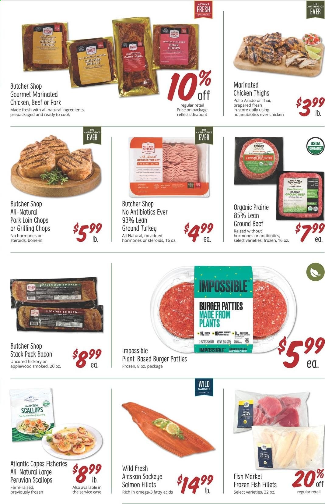 thumbnail - Sprouts Flyer - 07/07/2021 - 07/13/2021 - Sales products - fish fillets, salmon, salmon fillet, scallops, tilapia, tuna, hamburger, bacon, ground turkey, chicken thighs, marinated chicken, beef meat, ground beef, steak, burger patties, pork chops, pork loin, pork meat, cap, Omega-3. Page 4.