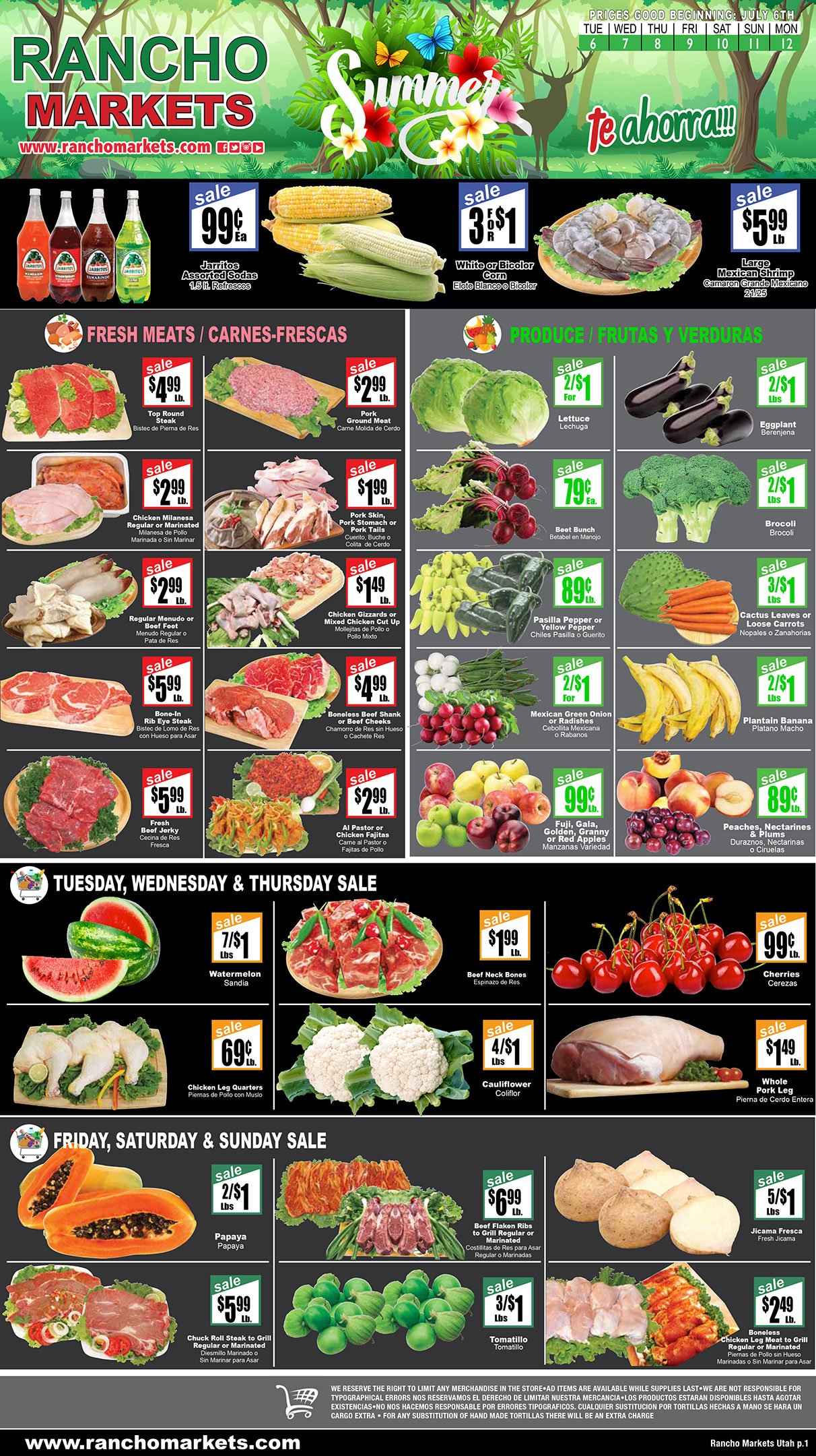 thumbnail - Rancho Markets Flyer - 07/06/2021 - 07/12/2021 - Sales products - jicama, plums, tortillas, carrots, cauliflower, corn, radishes, tomatillo, onion, lettuce, eggplant, green onion, apples, Gala, watermelon, cherries, shrimps, fajita, jerky, Mexicano, chicken legs, chicken gizzards, beef meat, steak, round steak, chuck steak, pork meat, pork leg, nectarines, peaches, pasilla. Page 1.