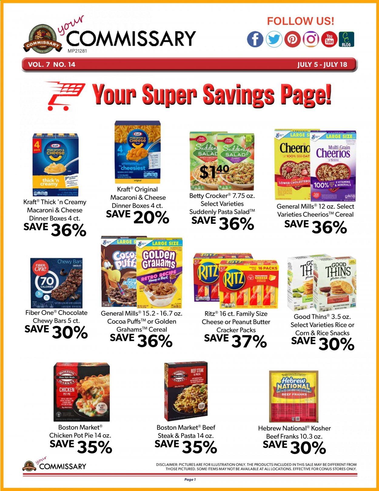 thumbnail - Commissary Flyer - 07/05/2021 - 07/18/2021 - Sales products - pie, pot pie, corn, macaroni & cheese, pasta, Kraft®, chocolate, snack, crackers, RITZ, Thins, cocoa, cereals, Fiber One, peanut butter, beef meat, beef steak, steak. Page 1.