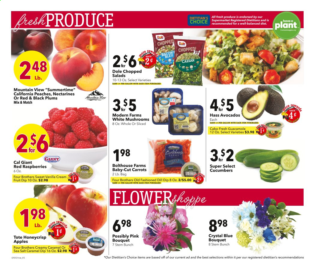 thumbnail - Cash Wise Flyer - 07/07/2021 - 07/13/2021 - Sales products - mushrooms, plums, carrots, cucumber, Dole, chopped salad, apples, raspberries, Four Brothers, bacon, guacamole, dill, nectarines, black plums, peaches. Page 2.