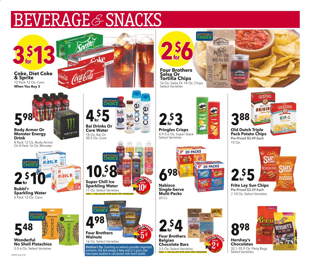 thumbnail - Cash Wise Flyer - 07/07/2021 - 07/13/2021 - Sales products - Four Brothers, milk, Hershey's, snack, RITZ, chocolate bar, tortilla chips, potato chips, Pringles, chips, salsa, walnuts, pistachios, Coca-Cola, Sprite, energy drink, Monster, Diet Coke, Monster Energy, Bai, sparkling water. Page 10.