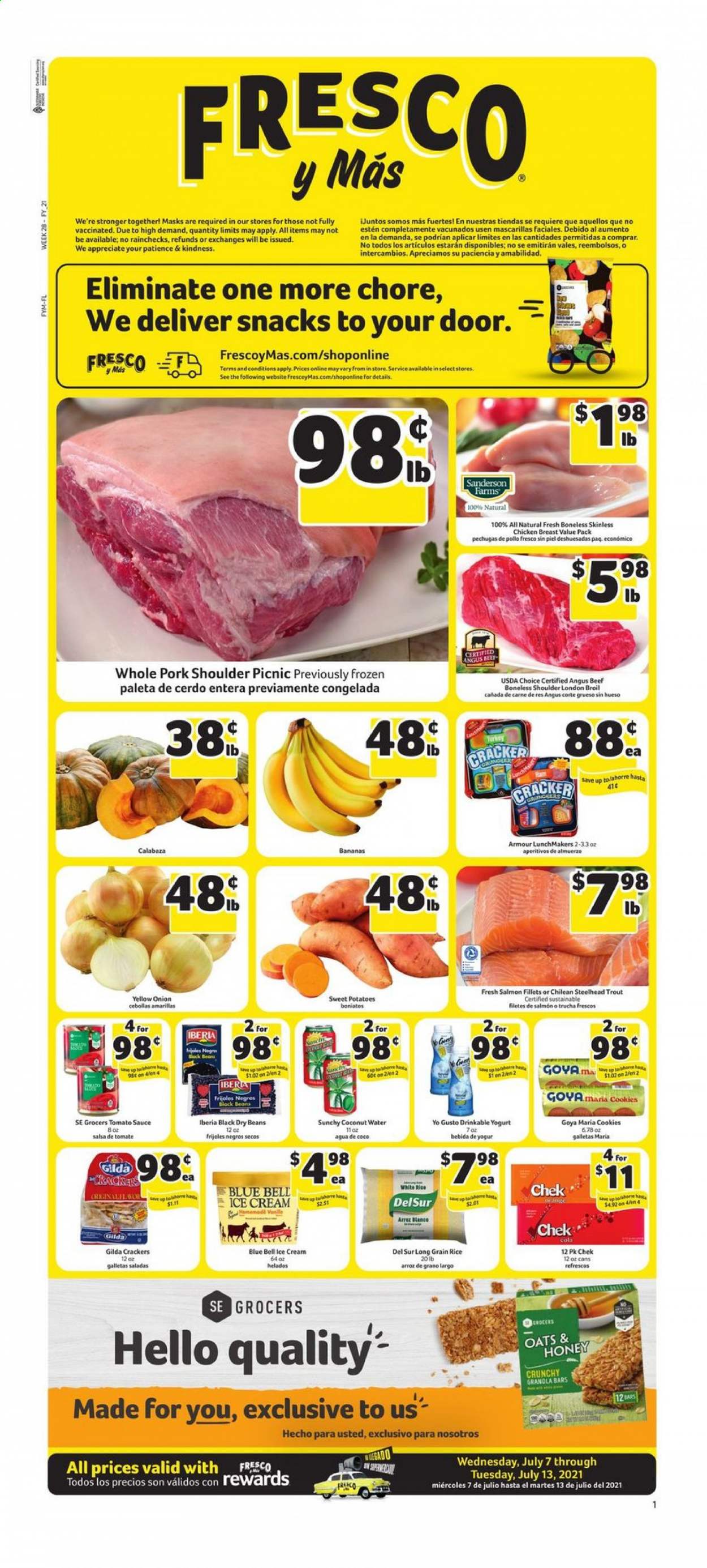 thumbnail - Fresco y Más Flyer - 07/07/2021 - 07/13/2021 - Sales products - beans, sweet potato, potatoes, onion, oranges, salmon, salmon fillet, trout, sauce, ham, yoghurt, ice cream, Blue Bell, cookies, crackers, tomato sauce, Goya, granola bar, rice, white rice, dry beans, long grain rice, salsa, honey, coconut water, chicken breasts, beef meat, pork meat, pork shoulder. Page 1.