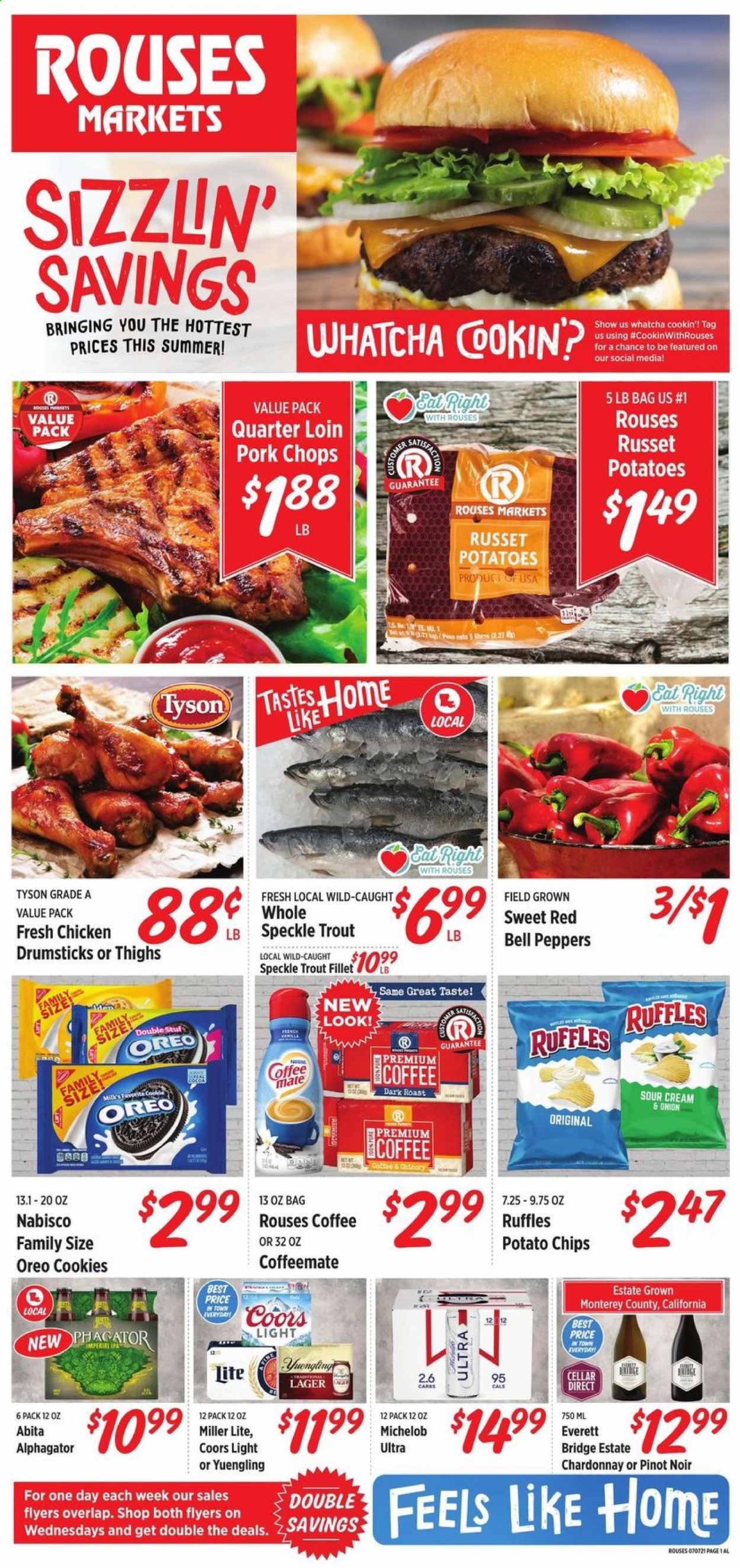 thumbnail - Rouses Markets Flyer - 07/07/2021 - 07/14/2021 - Sales products - Miller Lite, Coors, Yuengling, Michelob, bell peppers, russet potatoes, peppers, trout, Oreo, Coffee-Mate, cookies, potato chips, chips, Ruffles, cocoa, red wine, white wine, Chardonnay, wine, Pinot Noir, beer, Lager, IPA, pork chops, pork meat. Page 1.