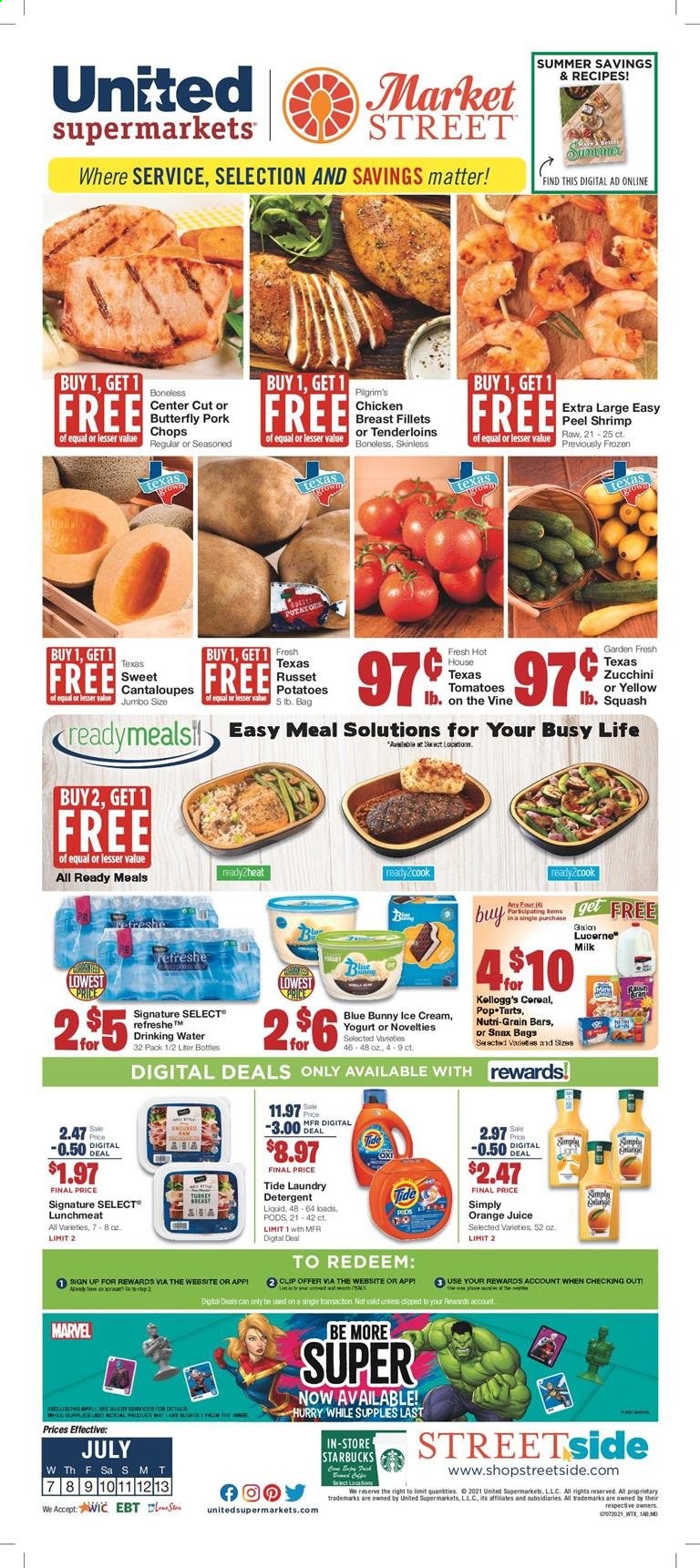 thumbnail - United Supermarkets Flyer - 07/07/2021 - 07/13/2021 - Sales products - cantaloupe, russet potatoes, tomatoes, zucchini, potatoes, chicken breasts, pork chops, pork meat, lunch meat, yoghurt, milk, ice cream, Blue Bunny, Kellogg's, cereals, Nutri-Grain, orange juice, juice, Starbucks, detergent, Tide, laundry detergent. Page 1.
