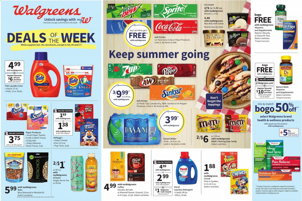 thumbnail - Walgreens Flyer - 07/11/2021 - 07/17/2021 - Sales products - Scott, Quaker, ice cream, Blue Bell, M&M's, Kellogg's, 7 Days, Pop-Tarts, mango, cereals, Frosted Flakes, Fruity Pebbles, Blue Diamond, Canada Dry, Coca-Cola, Sprite, Pepsi, Dr. Pepper, soft drink, 7UP, AriZona, A&W, soda, purified water, green tea, Maxwell House, tea, coffee, coffee capsules, McCafe, K-Cups, Gevalia, bath tissue, Kleenex, kitchen towels, paper towels, detergent, Tide, Persil, laundry detergent, Nature Made, Nature's Bounty, Wal-Zyr, Osteo bi-flex, Bi-Flex, zinc, vitamin D3, nasal spray. Page 1.