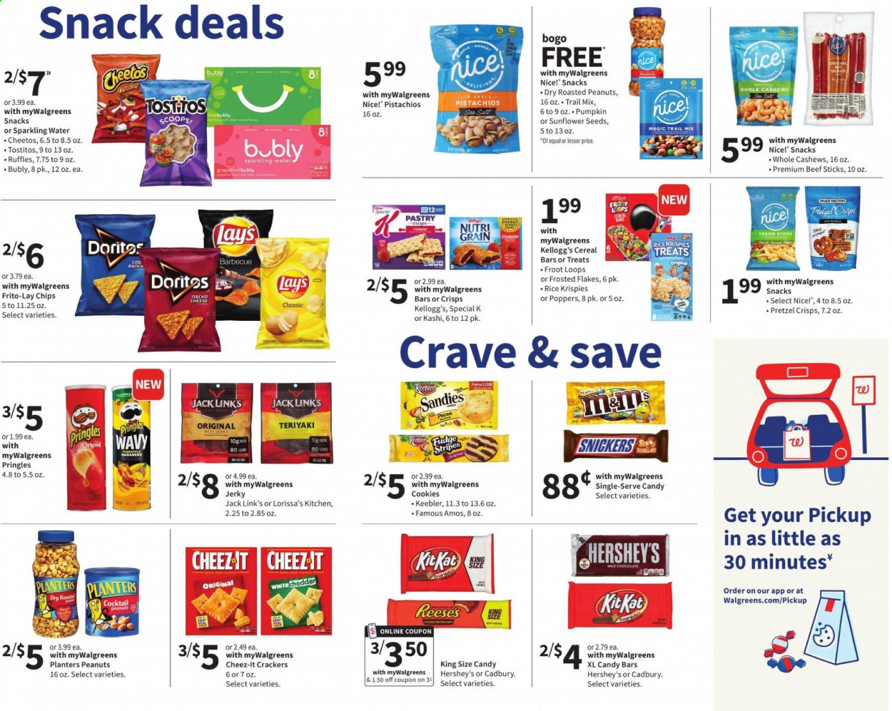 thumbnail - Walgreens Flyer - 07/11/2021 - 07/17/2021 - Sales products - beef jerky, jerky, cheese, Reese's, Hershey's, cookies, fudge, milk chocolate, chocolate, snack, Snickers, cereal bar, crackers, Kellogg's, Cadbury, Keebler, Doritos, Pringles, Cheetos, chips, Lay’s, Frito-Lay, Nice!, Cheez-It, Ruffles, Tostitos, pretzel crisps, Jack Link's, pumpkin, cereals, Rice Krispies, Frosted Flakes, Nutri-Grain, cashews, roasted peanuts, peanuts, pistachios, sunflower seeds, Planters, trail mix, sparkling water. Page 5.