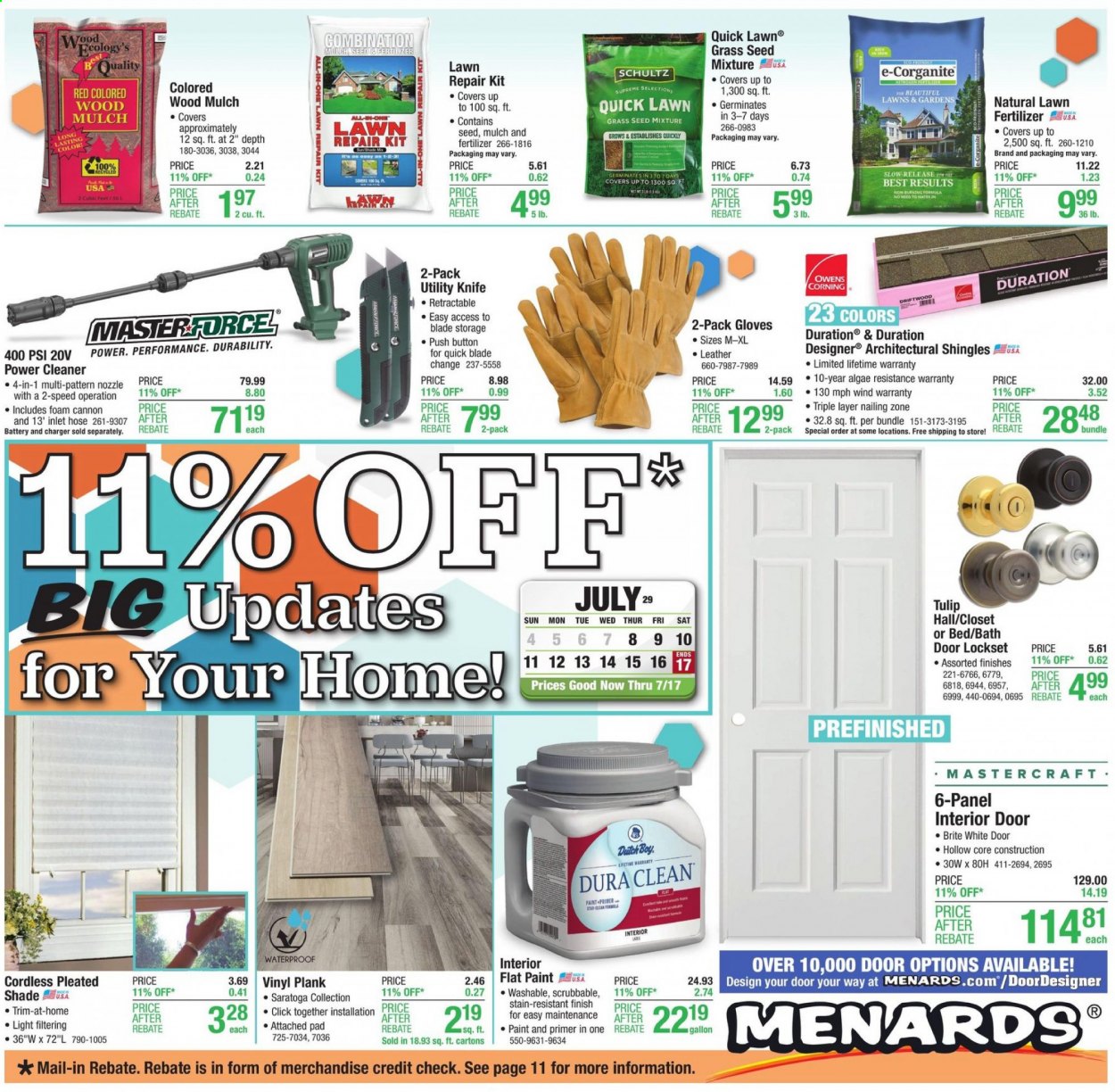 thumbnail - Menards Flyer - 07/08/2021 - 07/17/2021 - Sales products - Ron Pelicano, cleaner, gallon, gloves, bed, closet system, paint, vinyl, shingle, door, lockset, utility knife, plant seeds, fertilizer, grass seed, garden mulch. Page 1.