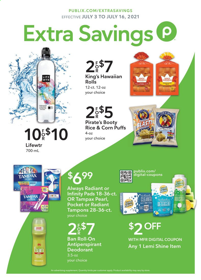 thumbnail - Publix Flyer - 07/03/2021 - 07/16/2021 - Sales products - hawaiian rolls, puffs, cheddar, rice, Lifewtr, detergent, cleaner, Lemi Shine, Tampax, tampons, Infinity, anti-perspirant, roll-on, deodorant. Page 1.