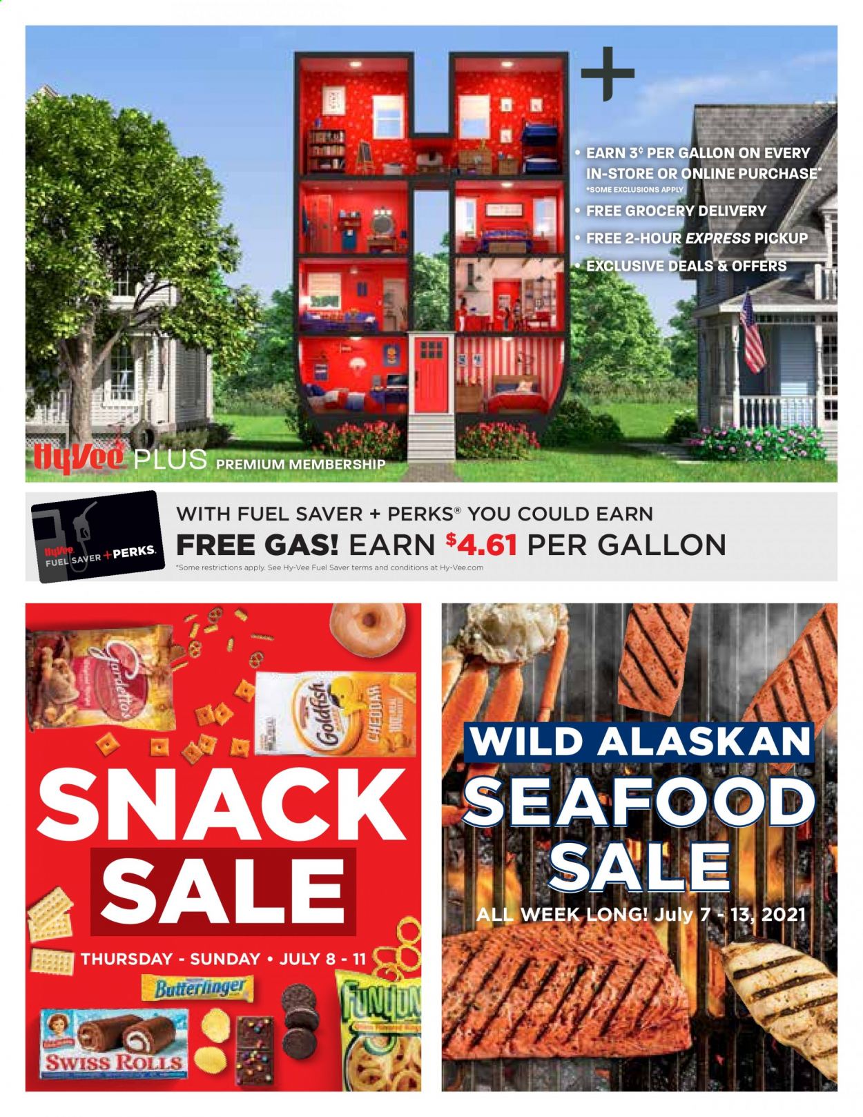 thumbnail - Hy-Vee Flyer - 07/07/2021 - 07/13/2021 - Sales products - seafood, snack, Goldfish, gallon. Page 2.