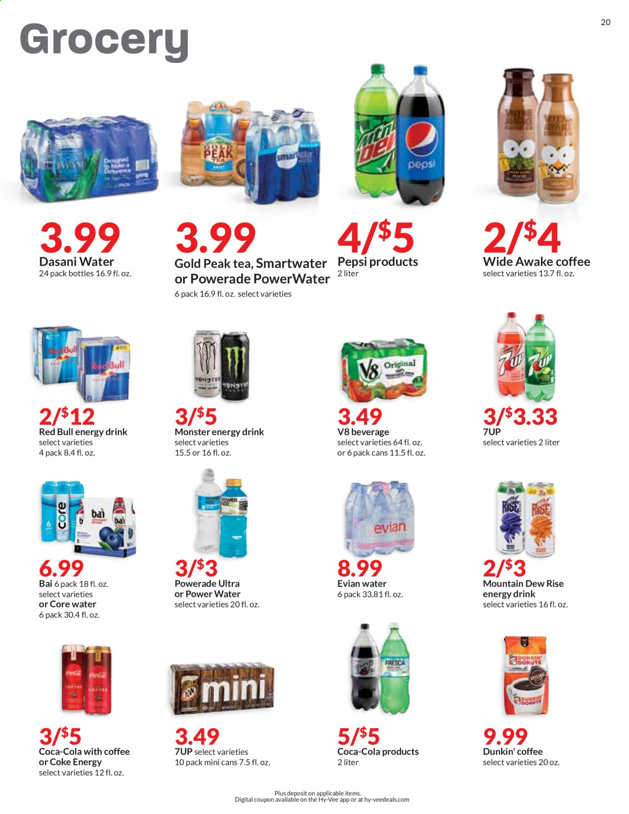 thumbnail - Hy-Vee Flyer - 07/07/2021 - 07/13/2021 - Sales products - Coca-Cola, Mountain Dew, Powerade, Pepsi, energy drink, Monster, 7UP, Red Bull, Monster Energy, Gold Peak Tea, Bai, Smartwater, Evian, tea, coffee. Page 20.