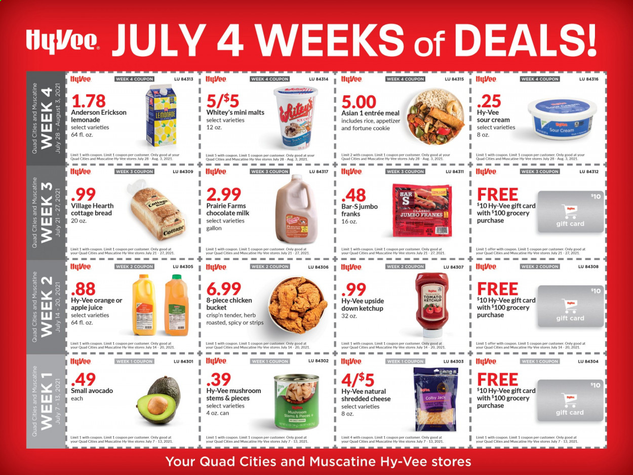thumbnail - Hy-Vee Flyer - 07/07/2021 - 08/03/2021 - Sales products - mushrooms, bread, cottage bread, avocado, oranges, Colby cheese, shredded cheese, milk, sour cream, strips, milk chocolate, chocolate, herbs, ketchup, apple juice, lemonade, juice, gallon. Page 1.