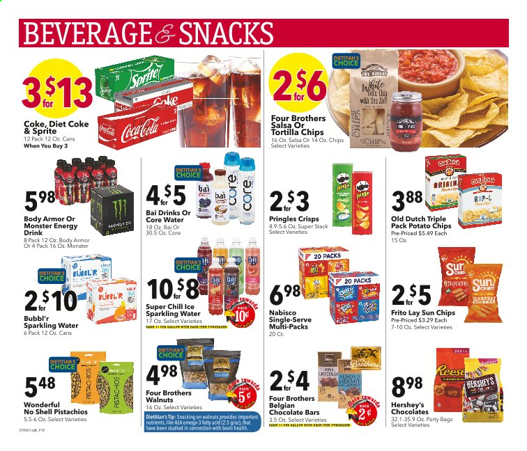 thumbnail - Coborn's Flyer - 07/07/2021 - 07/13/2021 - Sales products - Four Brothers, Hershey's, snack, chocolate bar, tortilla chips, potato chips, Pringles, chips, salt, salsa, walnuts, pistachios, Coca-Cola, Sprite, energy drink, Monster, Diet Coke, Monster Energy, Bai, sparkling water. Page 10.