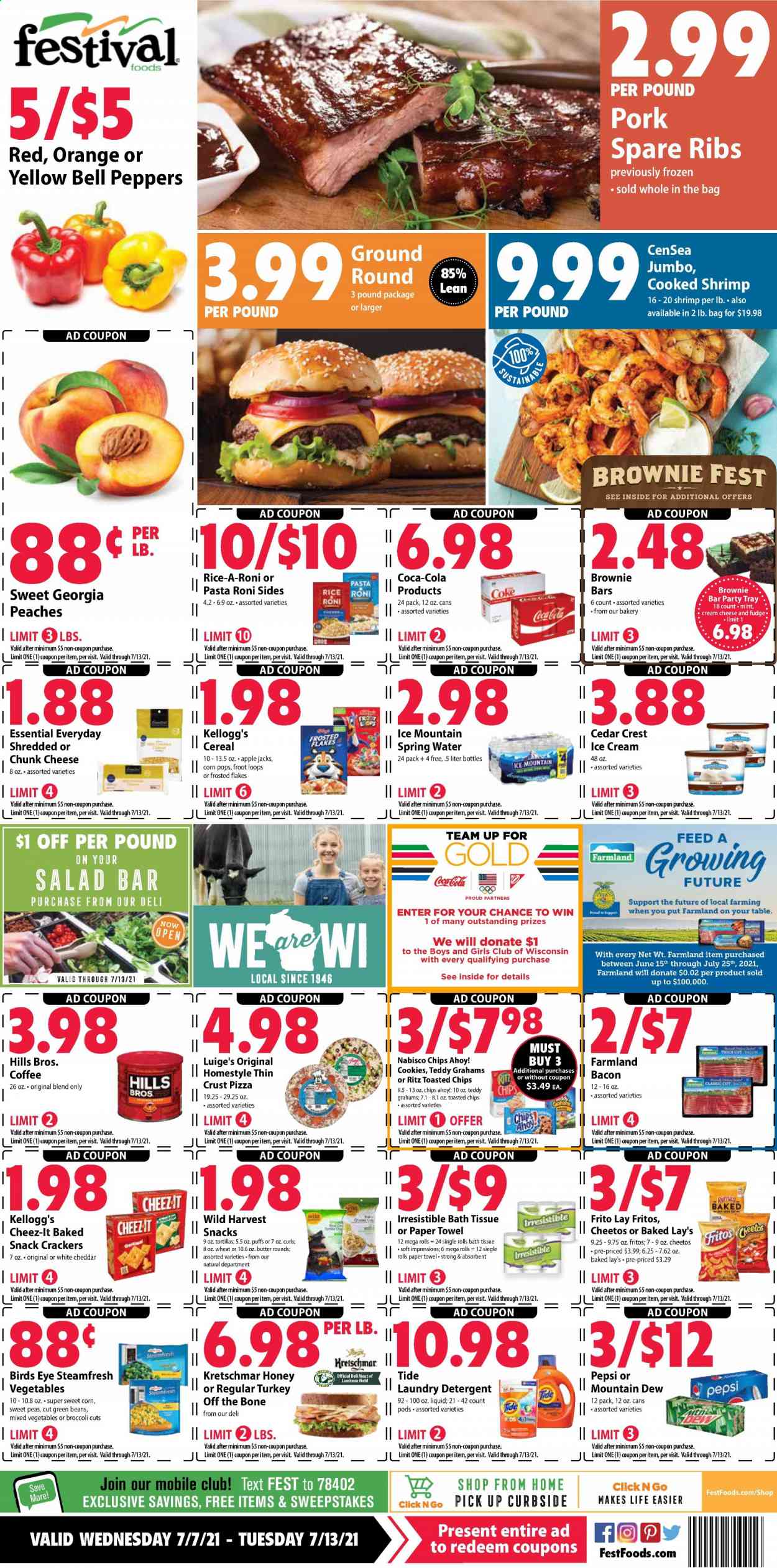 thumbnail - Festival Foods Flyer - 07/07/2021 - 07/13/2021 - Sales products - tortillas, puffs, brownies, bell peppers, broccoli, green beans, salad, peppers, sweet corn, Wild Harvest, oranges, shrimps, pizza, pasta, Bird's Eye, chunk cheese, butter, ice cream, mixed vegetables, cookies, fudge, snack, crackers, Kellogg's, Chips Ahoy!, RITZ, Fritos, Cheetos, Lay’s, Cheez-It, cereals, Frosted Flakes, Corn Pops, rice, Coca-Cola, Mountain Dew, Pepsi, spring water, Ice Mountain, coffee, pork meat, pork ribs, pork spare ribs, bath tissue, paper towels, detergent, Tide, laundry detergent, Crest, peaches. Page 1.