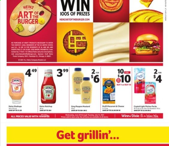 thumbnail - Winn Dixie Flyer - 07/07/2021 - 07/13/2021 - Sales products - macaroni & cheese, hamburger, Kraft®, Heinz, mustard, ketchup. Page 1.