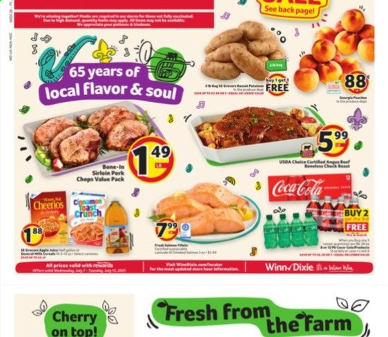 thumbnail - Winn Dixie Flyer - 07/07/2021 - 07/13/2021 - Sales products - cherries, Cheerios, Coca-Cola, pork chops, pork meat. Page 1.