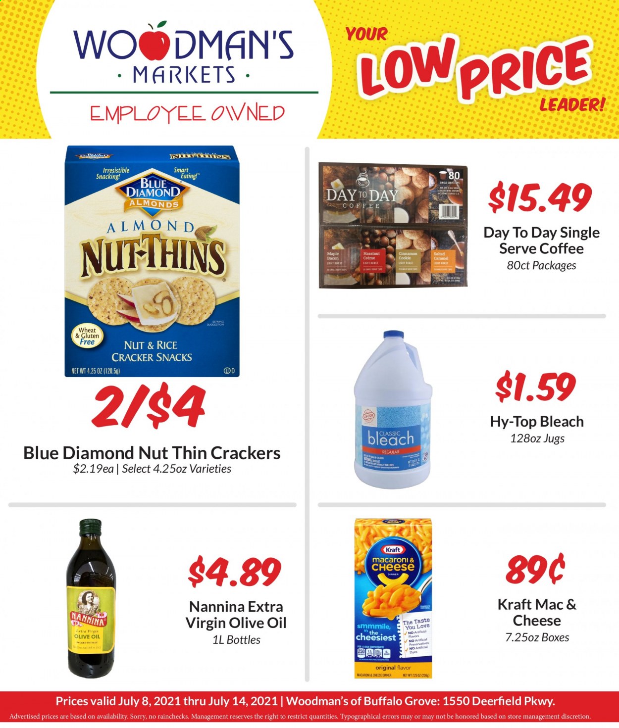 thumbnail - Woodman's Markets Flyer - 07/08/2021 - 07/14/2021 - Sales products - Kraft®, snack, crackers, Thins, rice crackers, rice, extra virgin olive oil, olive oil, oil, almonds, Blue Diamond, coffee, bleach. Page 1.