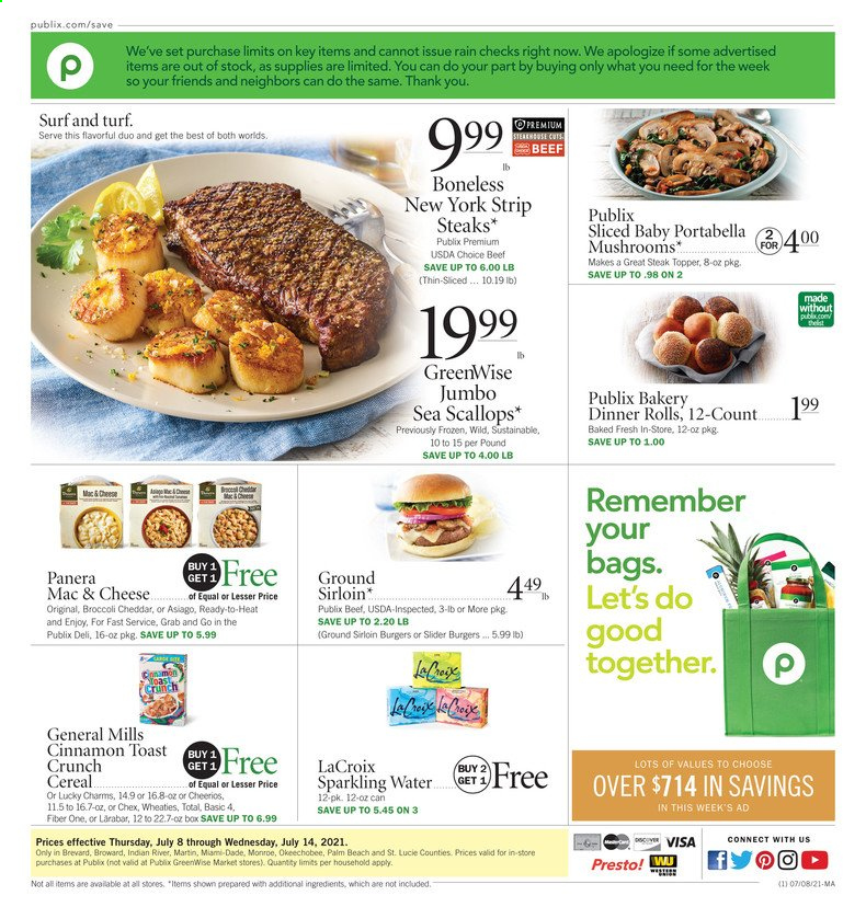 thumbnail - Publix Flyer - 07/08/2021 - 07/14/2021 - Sales products - dinner rolls, scallops, hamburger, asiago, cereals, Cheerios, Fiber One, cinnamon, sparkling water, beef meat, steak, striploin steak, Surf. Page 1.