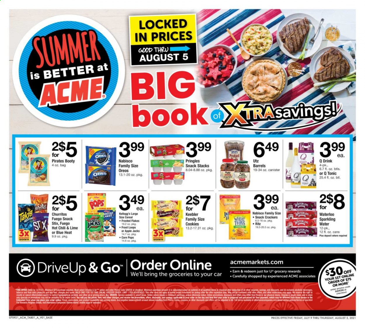thumbnail - ACME Flyer - 07/09/2021 - 08/05/2021 - Sales products - pretzels, ginger, Oreo, cookies, snack, crackers, Kellogg's, Keebler, RITZ, Pringles, Thins, cereals, Frosted Flakes, Corn Pops, tonic, sparkling water, bag. Page 1.